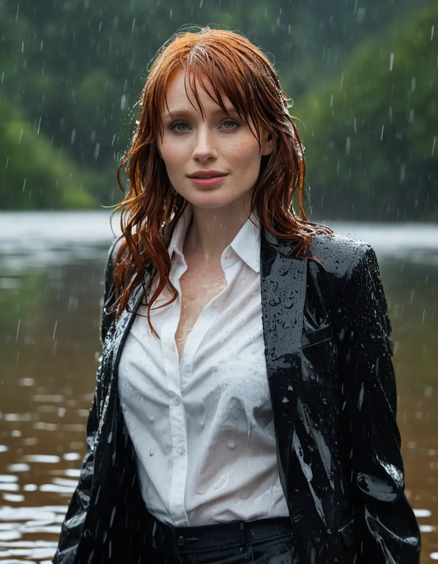 photo of young woman, in soaking wet, drenched clothes,
Black Business Trouser, Black Business Suit Jacket with white button down long sleeve business Shirt, Clear deep Mountain Lake, heavy rain, 
enjoying, wet clothes stuck to body,
detailed textures of the wet clothes, wet face, wet plastered hair,
wet, drenched, professional, high-quality details, full body view.
sharp focus, ultra-high pixel detail, realistic, high-quality, full colors, incredibly detailed, 4k, 8k, 16k, hyper-realistic, RAW photo, masterpiece, ultra-detailed, professionally color graded, professional photograph, bryce dallas howard, completely soaked, fully drenched, completely wet, wetlook, heavy rain, emerging,  she smiles, side parting, open hair, rain storm, heavy rain