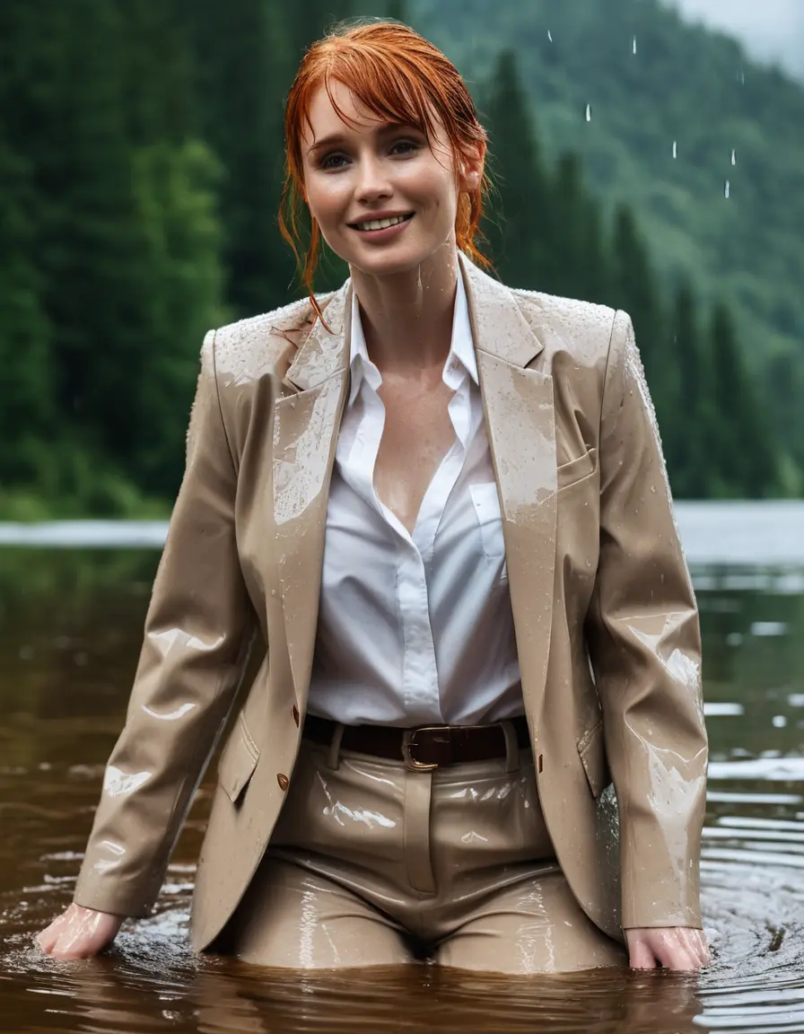 photo of young woman, in soaking wet, drenched clothes,
Beige Business Trouser, Beige Business Suit Jacket with white button down long sleeve business Shirt, Clear deep Mountain Lake, heavy rain, 
enjoying, wet clothes stuck to body,
detailed textures of the wet clothes, wet face, wet plastered hair,
wet, drenched, professional, high-quality details, full body view.
sharp focus, ultra-high pixel detail, realistic, high-quality, full colors, incredibly detailed, 4k, 8k, 16k, hyper-realistic, RAW photo, masterpiece, ultra-detailed, professionally color graded, professional photograph, bryce dallas howard, completely soaked, fully drenched, completely wet, wetlook, heavy rain, emerging,  she smiles, side parting, open hair, rain storm, heavy rain