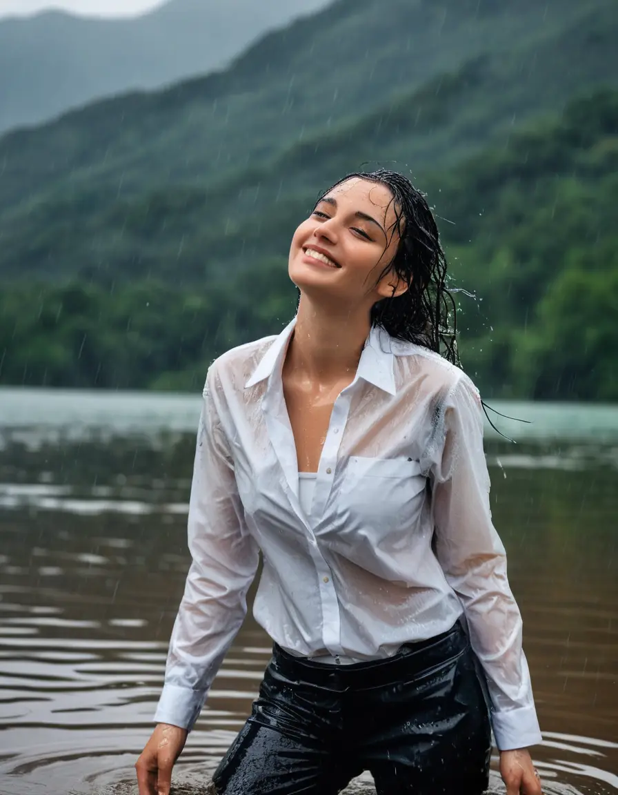 photo of young woman, in soaking wet, drenched clothes,
Black Business Trouser, Black Business Suit Jacket with white button down long sleeve business Shirt, Clear deep Mountain Lake, heavy rain, 
enjoying, wet clothes stuck to body,
detailed textures of the wet clothes, wet face, wet plastered hair,
wet, drenched, professional, high-quality details, full body view.
sharp focus, ultra-high pixel detail, realistic, high-quality, full colors, incredibly detailed, 4k, 8k, 16k, hyper-realistic, RAW photo, masterpiece, ultra-detailed, professionally color graded, professional photograph, Nazan Eckes, completely soaked, fully drenched, completely wet, wetlook, heavy rain, emerging,  she smiles, side parting, open hair, rain storm, heavy rain