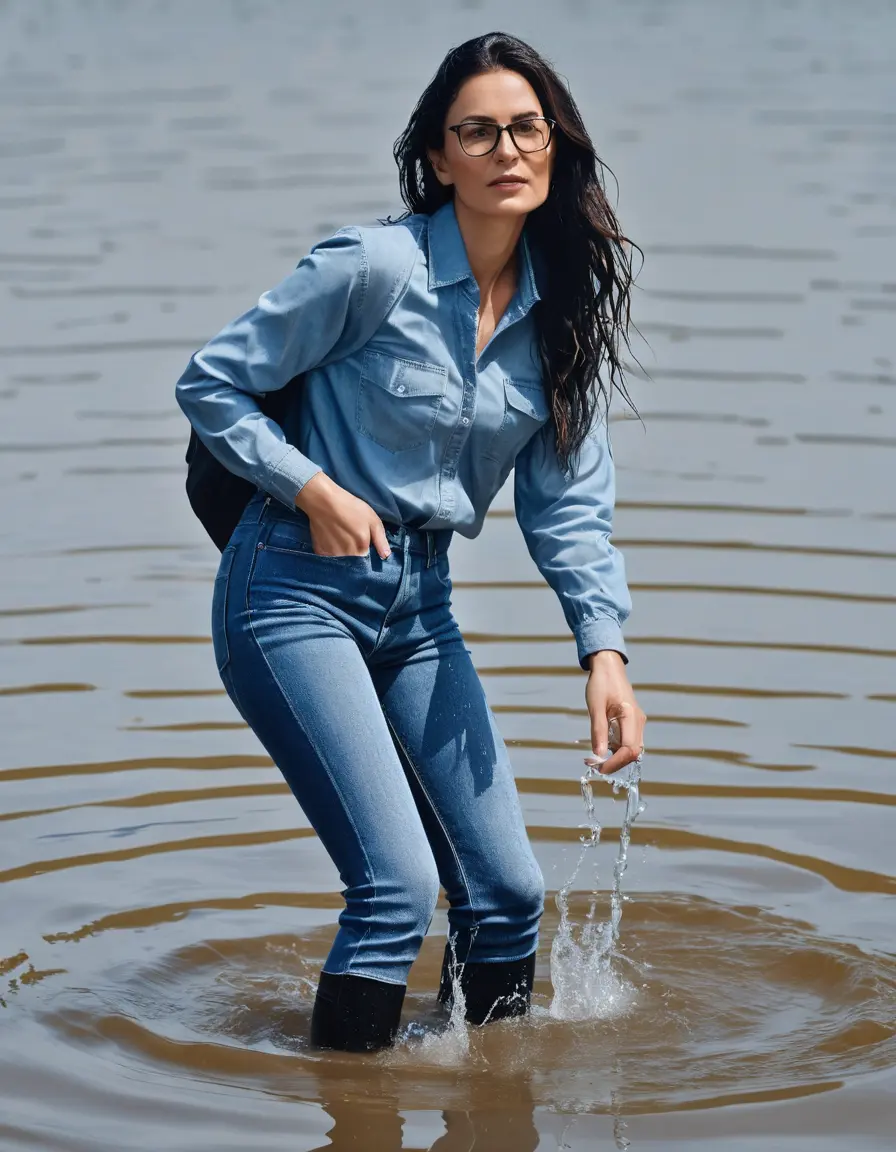 photo of young woman, in soaking wet, drenched clothes,
sneaker, long blue tight wet glistening high-waisted jeans, blue jeans shirt with long sleeves, teaching in the flooded classroom, sunny day, 
enjoying, wet clothes stuck to body,
detailed textures of the wet clothes, wet face, wet plastered hair,
wet, drenched, professional, high-quality details, full body view.
sharp focus, ultra-high pixel detail, realistic, high-quality, full colors, incredibly detailed, 4k, 8k, 16k, hyper-realistic, RAW photo, masterpiece, ultra-detailed, professionally color graded, professional photograph, woman 51 years old, black long hair, complete body, open mouth, office glasses