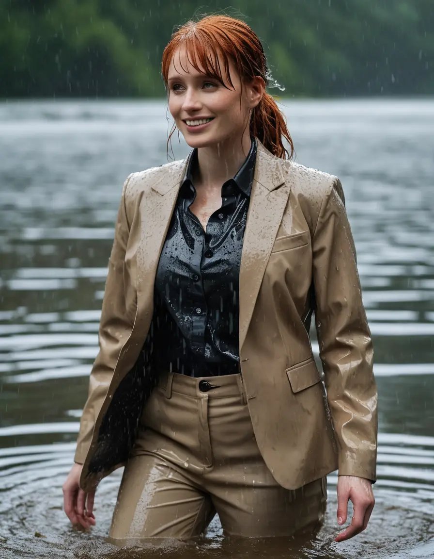 photo of young woman, in soaking wet, drenched clothes,
Beige Business Trouser, Beige Business Suit Jacket with Black button down long sleeve business Shirt, Clear deep Mountain Lake, heavy rain, 
enjoying, wet clothes stuck to body,
detailed textures of the wet clothes, wet face, wet plastered hair,
wet, drenched, professional, high-quality details, full body view.
sharp focus, ultra-high pixel detail, realistic, high-quality, full colors, incredibly detailed, 4k, 8k, 16k, hyper-realistic, RAW photo, masterpiece, ultra-detailed, professionally color graded, professional photograph, bryce dallas howard, completely soaked, fully drenched, completely wet, wetlook, heavy rain, emerging,  she smiles, side parting, open hair, rain storm, heavy rain