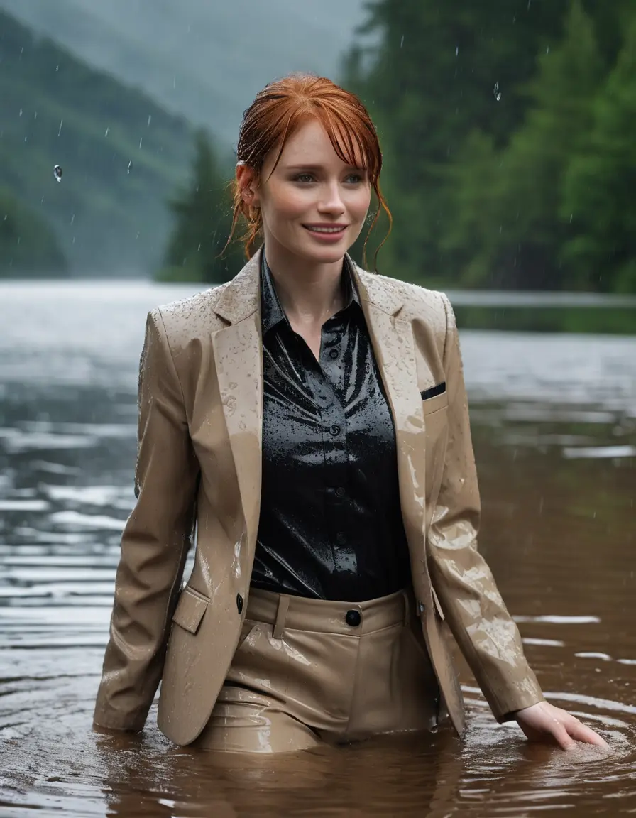 photo of young woman, in soaking wet, drenched clothes,
Beige Business Trouser, Beige Business Suit Jacket with Black button down long sleeve business Shirt, Clear deep Mountain Lake, heavy rain, 
enjoying, wet clothes stuck to body,
detailed textures of the wet clothes, wet face, wet plastered hair,
wet, drenched, professional, high-quality details, full body view.
sharp focus, ultra-high pixel detail, realistic, high-quality, full colors, incredibly detailed, 4k, 8k, 16k, hyper-realistic, RAW photo, masterpiece, ultra-detailed, professionally color graded, professional photograph, bryce dallas howard, completely soaked, fully drenched, completely wet, wetlook, heavy rain, emerging,  she smiles, side parting, open hair, rain storm, heavy rain