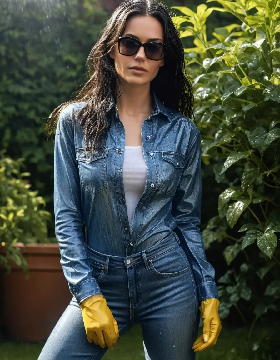 photo of young woman, in soaking wet, drenched clothes,
sneaker, long blue tight wet glistening high-waisted jeans, blue jeans shirt with long sleeves, under shower in the garden, sunny day, 
enjoying, wet clothes stuck to body,
detailed textures of the wet clothes, wet face, wet plastered hair,
wet, drenched, professional, high-quality details, full body view.
sharp focus, ultra-high pixel detail, realistic, high-quality, full colors, incredibly detailed, 4k, 8k, 16k, hyper-realistic, RAW photo, masterpiece, ultra-detailed, professionally color graded, professional photograph, woman 51 years old, black long hair, complete body, office sun light glasses