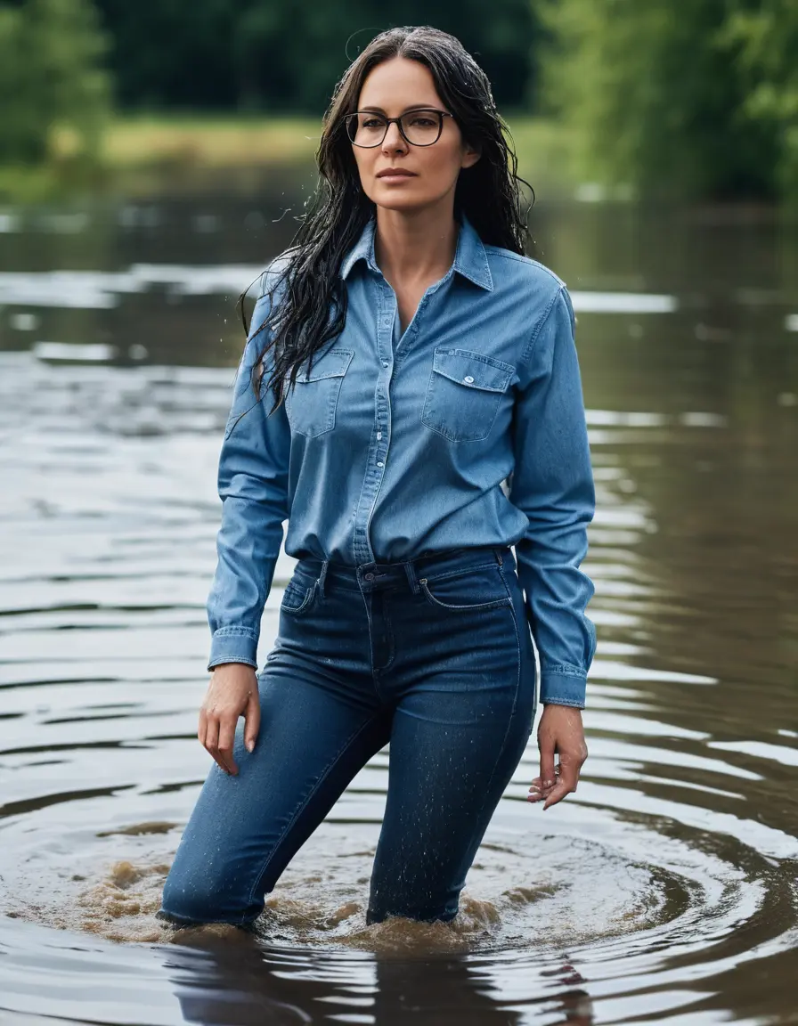 photo of young woman, in soaking wet, drenched clothes,
sneaker, long blue tight wet glistening high-waisted jeans, blue jeans shirt with long sleeves, teaching in the flooded classroom, sunny day, 
enjoying, wet clothes stuck to body,
detailed textures of the wet clothes, wet face, wet plastered hair,
wet, drenched, professional, high-quality details, full body view.
sharp focus, ultra-high pixel detail, realistic, high-quality, full colors, incredibly detailed, 4k, 8k, 16k, hyper-realistic, RAW photo, masterpiece, ultra-detailed, professionally color graded, professional photograph, woman 51 years old, black long hair, complete body, open mouth, office glasses