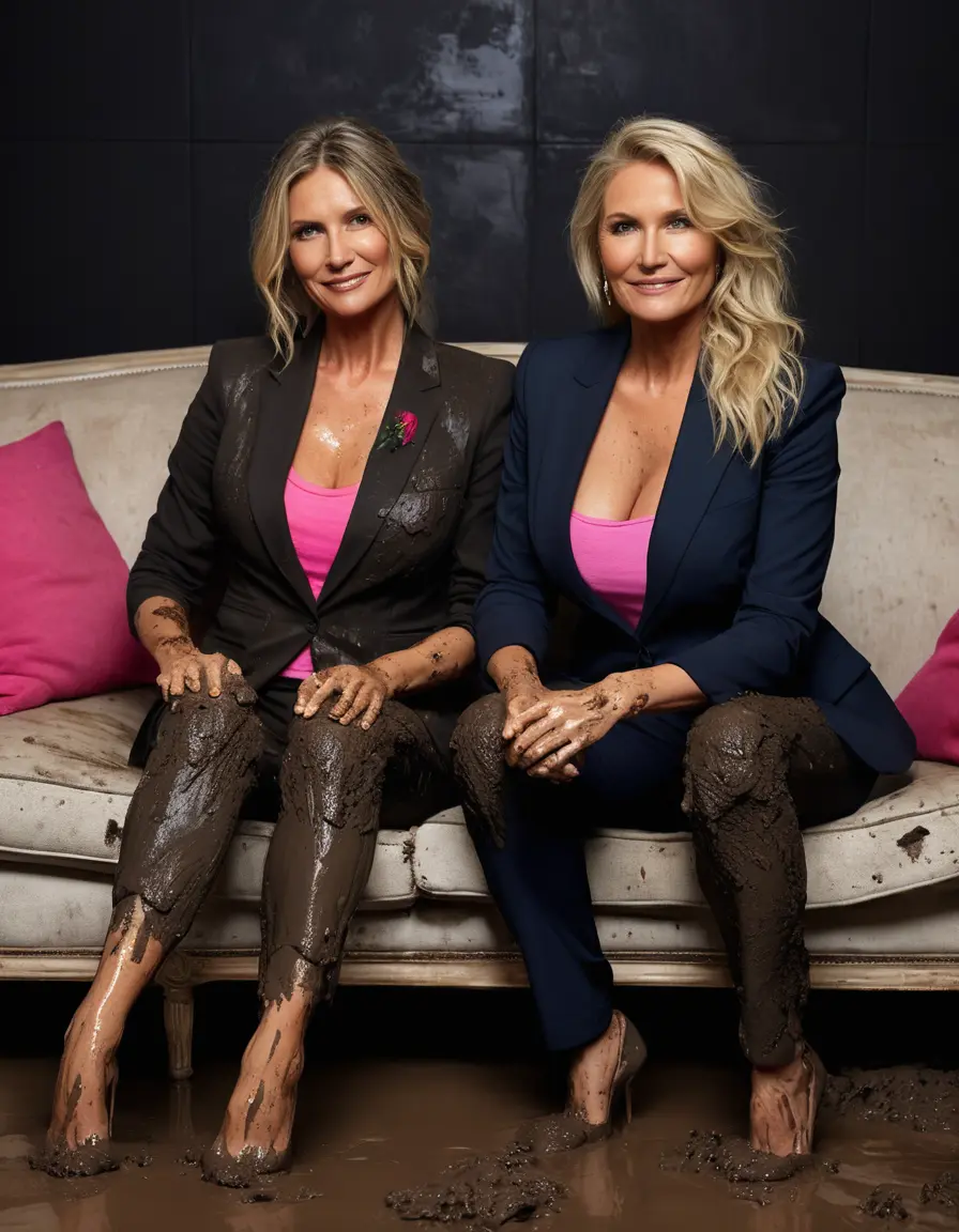 photo of young woman, in soaking wet, drenched clothes,
Black very high heels, Muddy long black suit trousers, Totally trashed and discoloured black muddy blazer like a fancy uniform over topless with huge muddy boobs, Muddy party in a dark muddy club. Mud splashed walls with mud-flooded floor. Dark mood lighting with pink and blue neon lights. Muddy furnitures and mud-covered sofas and chairs in the background., 
enjoying, wet clothes stuck to body,
detailed textures of the wet clothes, wet face, wet plastered hair,
wet, drenched, professional, high-quality details, full body view.
sharp focus, ultra-high pixel detail, realistic, high-quality, full colors, incredibly detailed, 4k, 8k, 16k, hyper-realistic, RAW photo, masterpiece, ultra-detailed, professionally color graded, professional photograph, Two elegant sixty years old skinny cute beautiful stunning blonde lesbian seductive tall business mature women are sitting comfortably on a dirty muddy luxury couch with spreaded legs close to each other during the indoor muddy disco. Their expensive formal clothes are filled with mud and totally mud-covered. So much and rough mud on the couch. Total muddy appearance. The classy elegant club is totally destroyed by mud, deep liquid mud on the floor and on the couch, mud spots everywhere, mud flows down on the walls and mud on the furnitures in the background. Long muddy sleek hair, smiling mudy faces, blue eyes. The women enjoying to be muddy, be dirty and be sexy while they are enjoying the muddy fetish party. Realistic boobs, realistic huge saggy boobs and nipples and photorealistic detailed happy and satisfied facial expressions. Intimate close-up picture about the old women from above. High heels and trousers are visible on the photo. Close-up photo, highly realistic representation, ultra sharp focus, highly photorealistic detailed textures, highly photorealistic detailed facial features and expressions, highly photorealistic hands, highly emotional reactions, highly best quality, highly sharp photorealistic image, highly photorealistic details, full UHD resolution, 32 K, very high level of detail and image sharpness, zoomed in