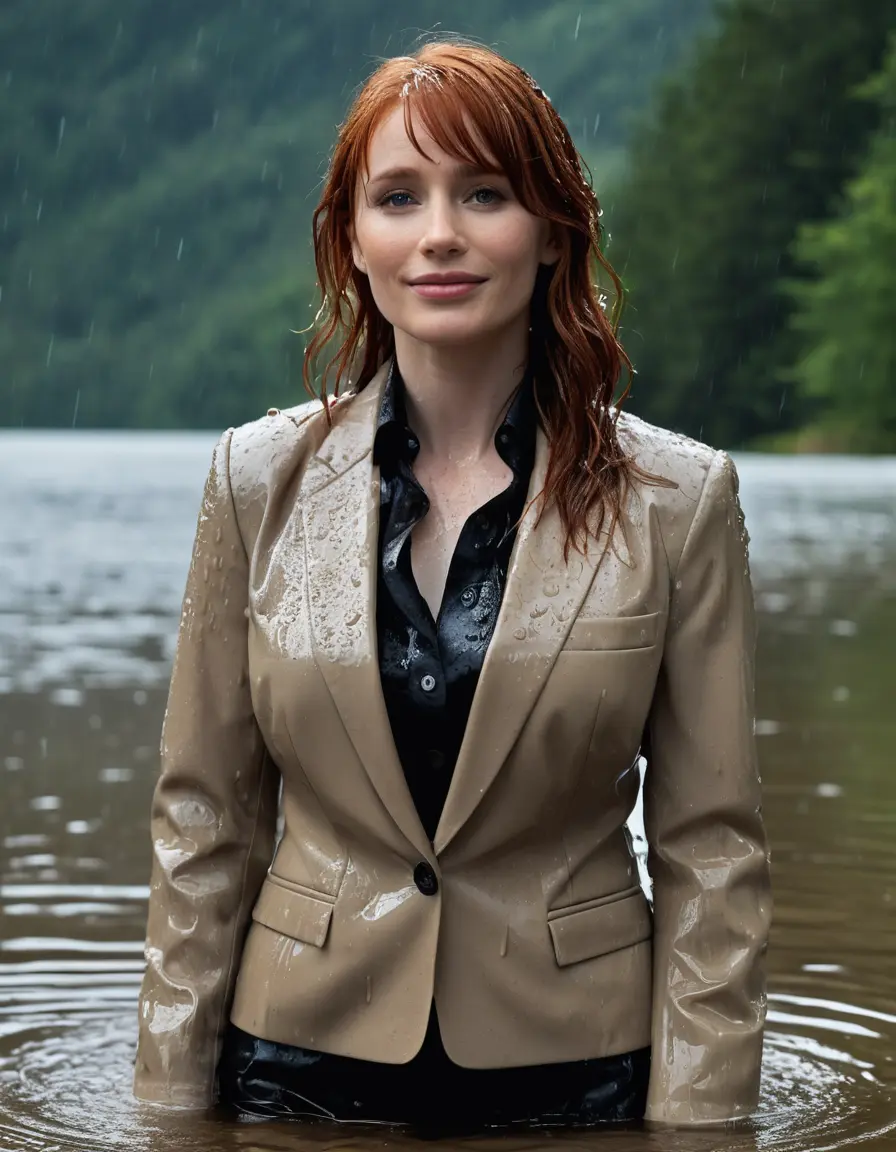 photo of young woman, in soaking wet, drenched clothes,
Beige Business Trouser, Beige Business Suit Jacket with Black button down long sleeve business Shirt, Clear deep Mountain Lake, heavy rain, 
enjoying, wet clothes stuck to body,
detailed textures of the wet clothes, wet face, wet plastered hair,
wet, drenched, professional, high-quality details, full body view.
sharp focus, ultra-high pixel detail, realistic, high-quality, full colors, incredibly detailed, 4k, 8k, 16k, hyper-realistic, RAW photo, masterpiece, ultra-detailed, professionally color graded, professional photograph, bryce dallas howard, completely soaked, fully drenched, completely wet, wetlook, heavy rain, emerging,  she smiles, side parting, open hair, rain storm, heavy rain