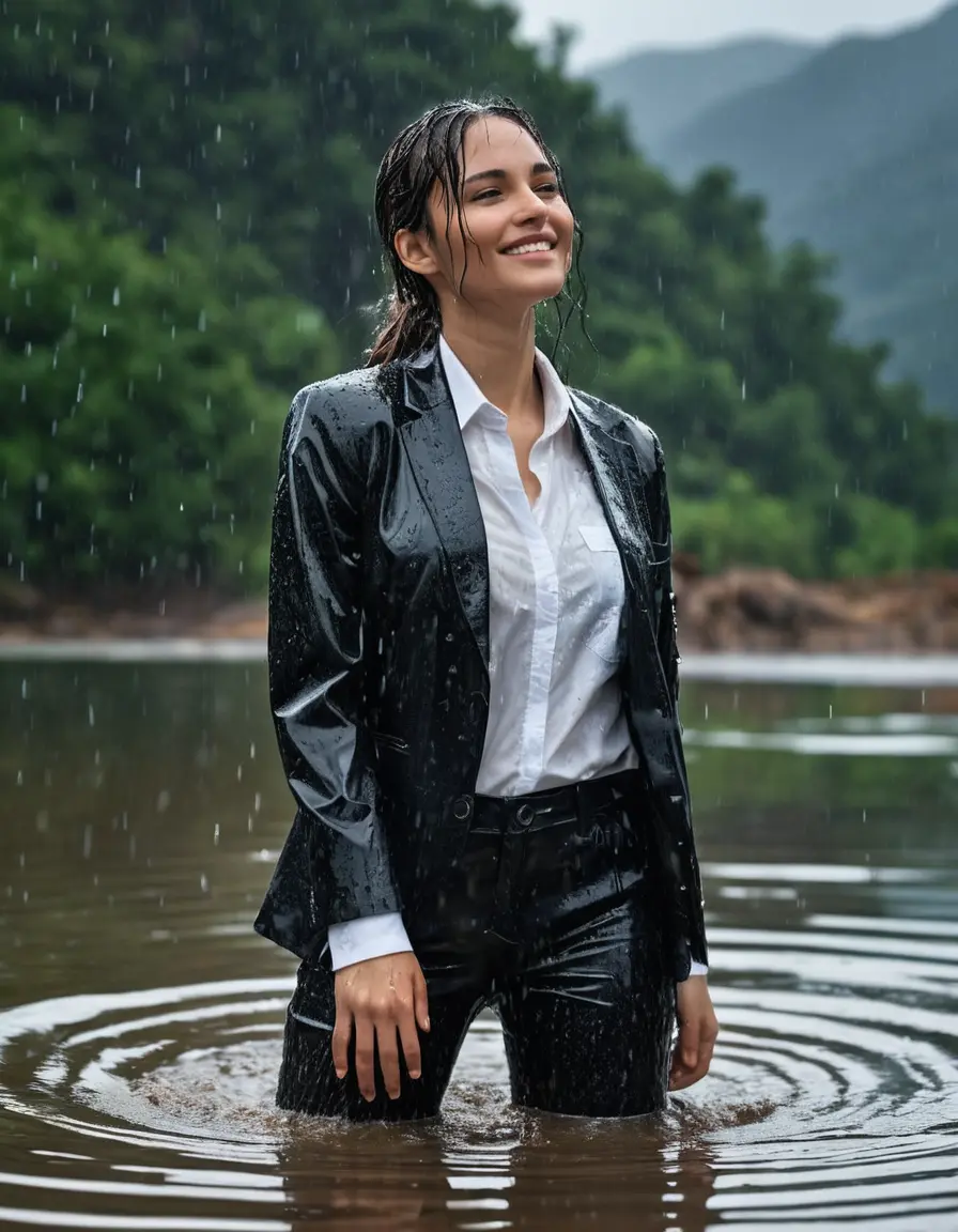 photo of young woman, in soaking wet, drenched clothes,
Black Business Trouser, Black Business Suit Jacket with white button down long sleeve business Shirt, Clear deep Mountain Lake, heavy rain, 
enjoying, wet clothes stuck to body,
detailed textures of the wet clothes, wet face, wet plastered hair,
wet, drenched, professional, high-quality details, full body view.
sharp focus, ultra-high pixel detail, realistic, high-quality, full colors, incredibly detailed, 4k, 8k, 16k, hyper-realistic, RAW photo, masterpiece, ultra-detailed, professionally color graded, professional photograph, Nazan Eckes, completely soaked, fully drenched, completely wet, wetlook, heavy rain, emerging,  she smiles, side parting, open hair, rain storm, heavy rain
