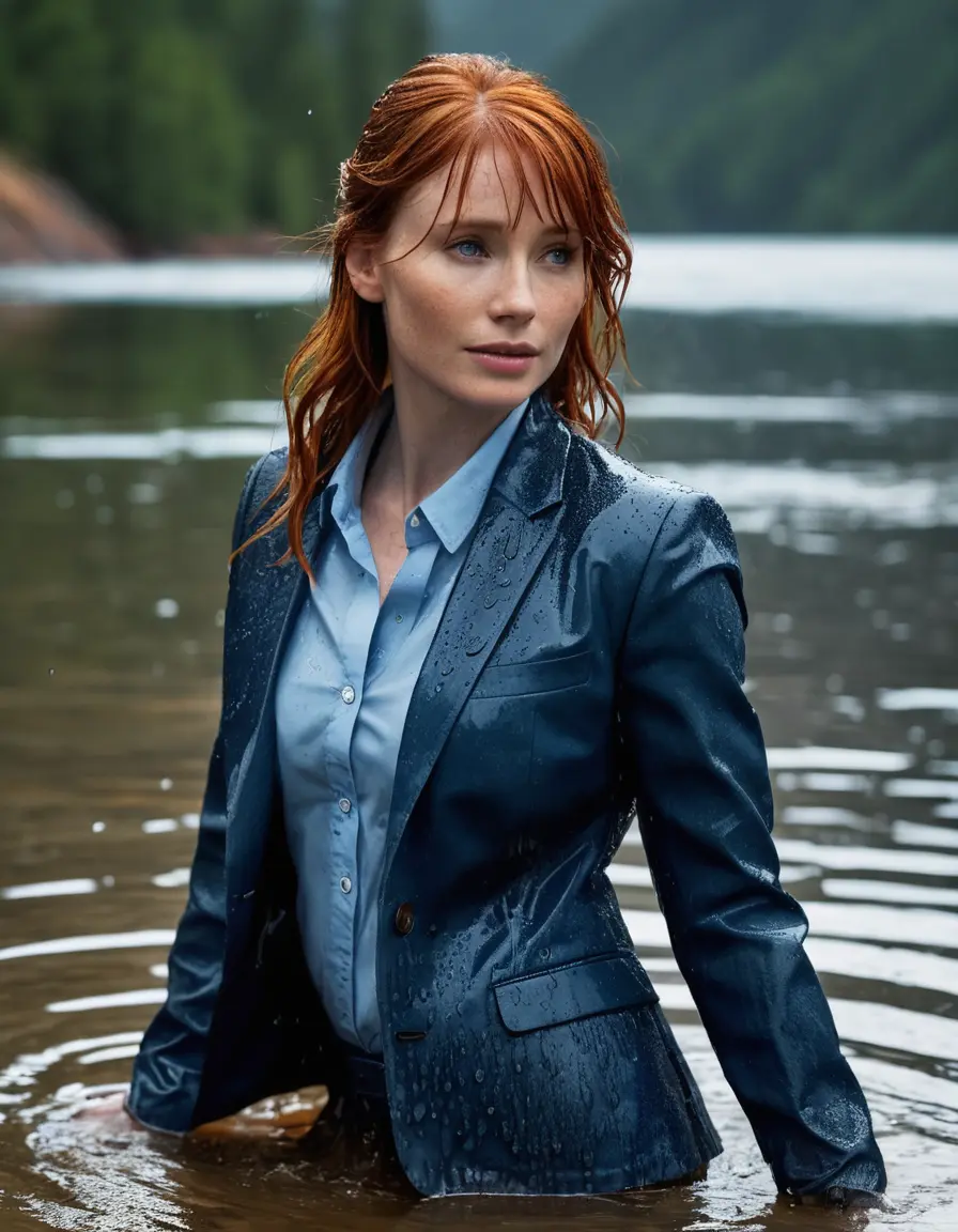photo of young woman, in soaking wet, drenched clothes,
Dark Blue Business Trouser, Dark Blue Business Suit Jacket with Light Blue button down long sleeve business Shirt, Clear deep Mountain Lake, heavy rain, 
enjoying, wet clothes stuck to body,
detailed textures of the wet clothes, wet face, wet plastered hair,
wet, drenched, professional, high-quality details, full body view.
sharp focus, ultra-high pixel detail, realistic, high-quality, full colors, incredibly detailed, 4k, 8k, 16k, hyper-realistic, RAW photo, masterpiece, ultra-detailed, professionally color graded, professional photograph, bryce dallas howard, completely soaked, fully drenched, completely wet, wetlook, heavy rain, she smiles, side parting, open hair, rain storm, heavy rain