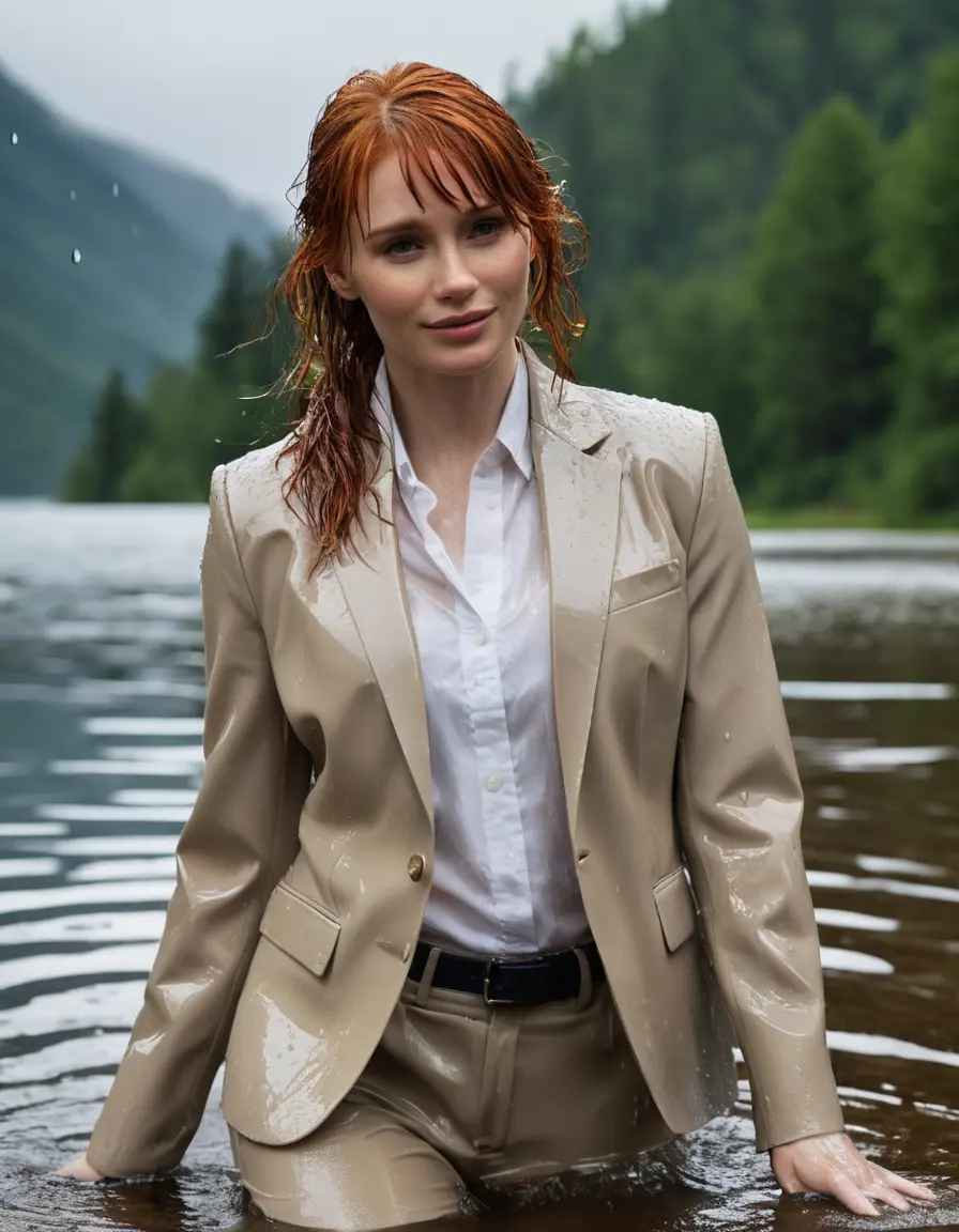 photo of young woman, in soaking wet, drenched clothes,
Beige Business Trouser, Beige Business Suit Jacket with white button down long sleeve business Shirt, Clear deep Mountain Lake, heavy rain, 
enjoying, wet clothes stuck to body,
detailed textures of the wet clothes, wet face, wet plastered hair,
wet, drenched, professional, high-quality details, full body view.
sharp focus, ultra-high pixel detail, realistic, high-quality, full colors, incredibly detailed, 4k, 8k, 16k, hyper-realistic, RAW photo, masterpiece, ultra-detailed, professionally color graded, professional photograph, bryce dallas howard, completely soaked, fully drenched, completely wet, wetlook, heavy rain, emerging,  she smiles, side parting, open hair, rain storm, heavy rain