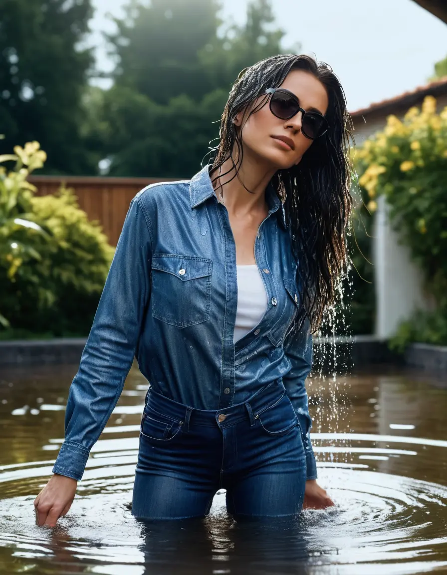 photo of young woman, in soaking wet, drenched clothes,
sneaker, long blue tight wet glistening high-waisted jeans, blue jeans shirt with long sleeves, under shower in the flooded garden, sunny day, 
enjoying, wet clothes stuck to body,
detailed textures of the wet clothes, wet face, wet plastered hair,
wet, drenched, professional, high-quality details, full body view.
sharp focus, ultra-high pixel detail, realistic, high-quality, full colors, incredibly detailed, 4k, 8k, 16k, hyper-realistic, RAW photo, masterpiece, ultra-detailed, professionally color graded, professional photograph, woman 51 years old, black long hair, complete body, office sun light glasses
