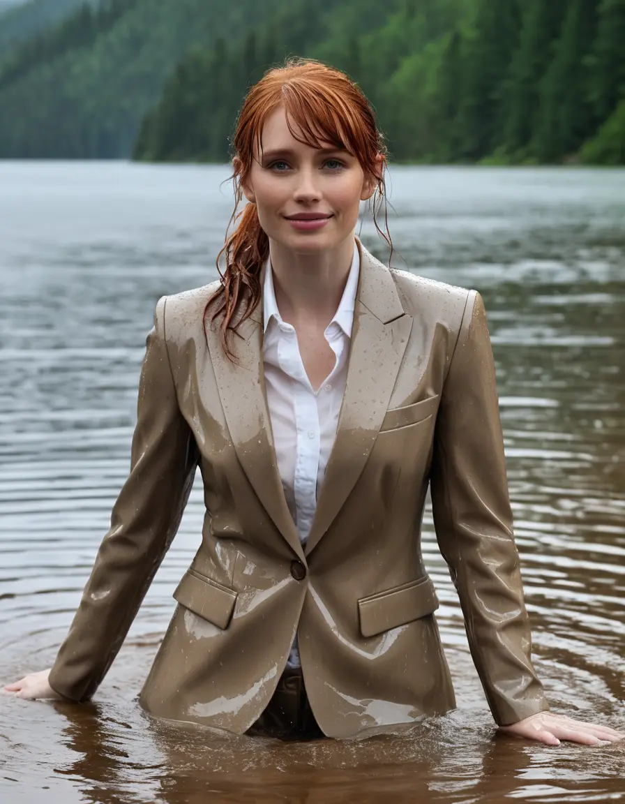 photo of young woman, in soaking wet, drenched clothes,
Beige Business Trouser, Beige Business Suit Jacket with white button down long sleeve business Shirt, Clear deep Mountain Lake, heavy rain, 
enjoying, wet clothes stuck to body,
detailed textures of the wet clothes, wet face, wet plastered hair,
wet, drenched, professional, high-quality details, full body view.
sharp focus, ultra-high pixel detail, realistic, high-quality, full colors, incredibly detailed, 4k, 8k, 16k, hyper-realistic, RAW photo, masterpiece, ultra-detailed, professionally color graded, professional photograph, bryce dallas howard, completely soaked, fully drenched, completely wet, wetlook, heavy rain, emerging,  she smiles, side parting, open hair, rain storm, heavy rain