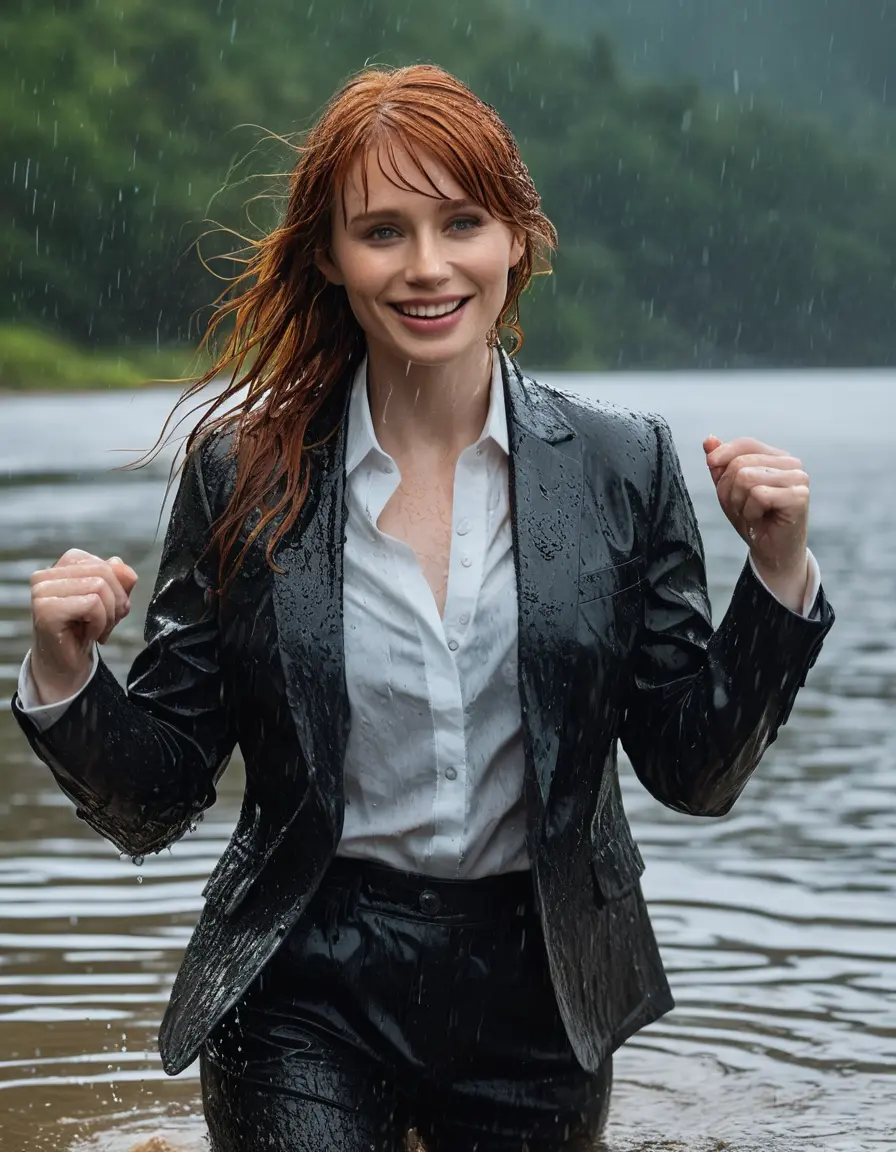 photo of young woman, in soaking wet, drenched clothes,
Black Business Trouser, Black Business Suit Jacket with white button down long sleeve business Shirt, Clear deep Mountain Lake, heavy rain, 
enjoying, wet clothes stuck to body,
detailed textures of the wet clothes, wet face, wet plastered hair,
wet, drenched, professional, high-quality details, full body view.
sharp focus, ultra-high pixel detail, realistic, high-quality, full colors, incredibly detailed, 4k, 8k, 16k, hyper-realistic, RAW photo, masterpiece, ultra-detailed, professionally color graded, professional photograph, bryce dallas howard, completely soaked, fully drenched, completely wet, wetlook, heavy rain, emerging,  she smiles, side parting, open hair, rain storm, heavy rain
