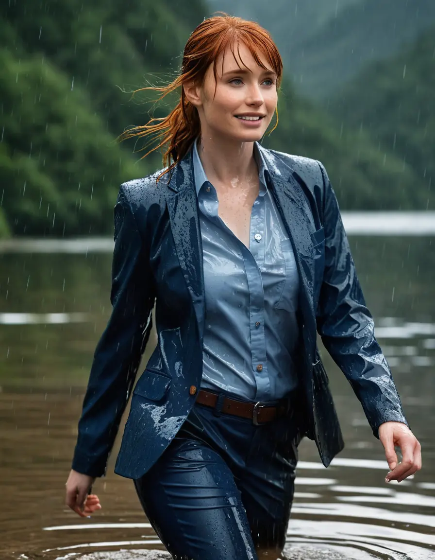 photo of young woman, in soaking wet, drenched clothes,
Dark Blue Business Trouser, Dark Blue Business Suit Jacket with Light Blue button down long sleeve business Shirt, Clear deep Mountain Lake, heavy rain, 
enjoying, wet clothes stuck to body,
detailed textures of the wet clothes, wet face, wet plastered hair,
wet, drenched, professional, high-quality details, full body view.
sharp focus, ultra-high pixel detail, realistic, high-quality, full colors, incredibly detailed, 4k, 8k, 16k, hyper-realistic, RAW photo, masterpiece, ultra-detailed, professionally color graded, professional photograph, bryce dallas howard, completely soaked, fully drenched, completely wet, wetlook, heavy rain, she smiles, side parting, open hair, rain storm, heavy rain