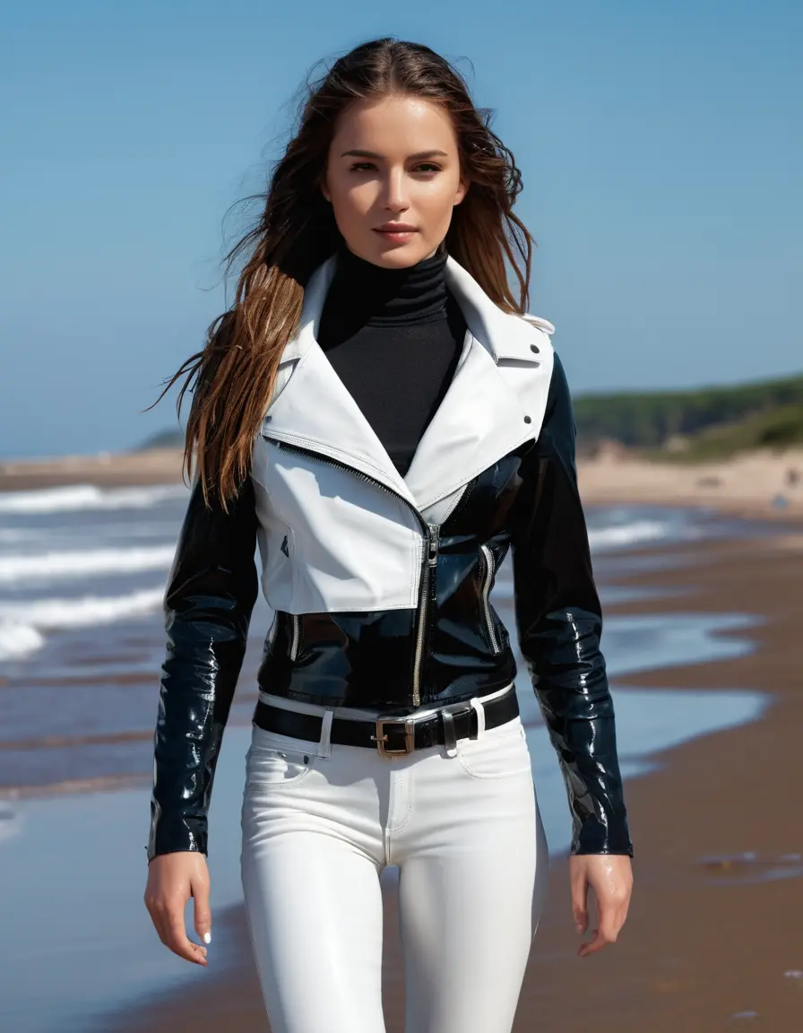 photo of young woman, in soaking wet, drenched clothes,
skin tight leather boots, white leather jeans, black latex polar neck tank top and a white leather jacket, walking on a beach, sunny, 
enjoying, wet clothes stuck to body,
detailed textures of the wet clothes, wet face, wet plastered hair,
wet, drenched, professional, high-quality details, full body view.
sharp focus, ultra-high pixel detail, realistic, high-quality, full colors, incredibly detailed, 4k, 8k, 16k, hyper-realistic, RAW photo, masterpiece, ultra-detailed, professionally color graded, professional photograph, white woman with long brown loose hair