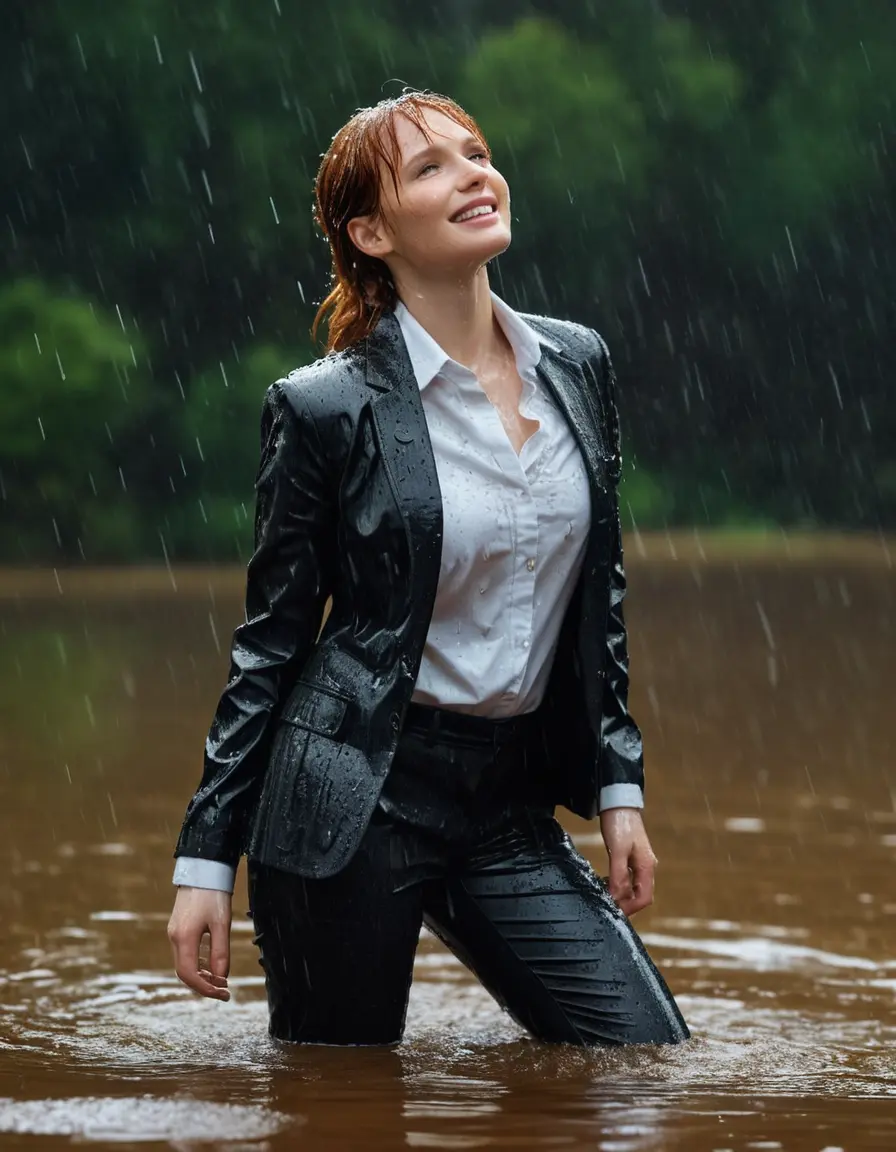photo of young woman, in soaking wet, drenched clothes,
Black Business Trouser, Black Business Suit Jacket with white button down long sleeve business Shirt, Clear deep Mountain Lake, heavy rain, 
enjoying, wet clothes stuck to body,
detailed textures of the wet clothes, wet face, wet plastered hair,
wet, drenched, professional, high-quality details, full body view.
sharp focus, ultra-high pixel detail, realistic, high-quality, full colors, incredibly detailed, 4k, 8k, 16k, hyper-realistic, RAW photo, masterpiece, ultra-detailed, professionally color graded, professional photograph, bryce dallas howard, completely soaked, fully drenched, completely wet, wetlook, heavy rain, emerging,  she smiles, side parting, open hair, rain storm, heavy rain