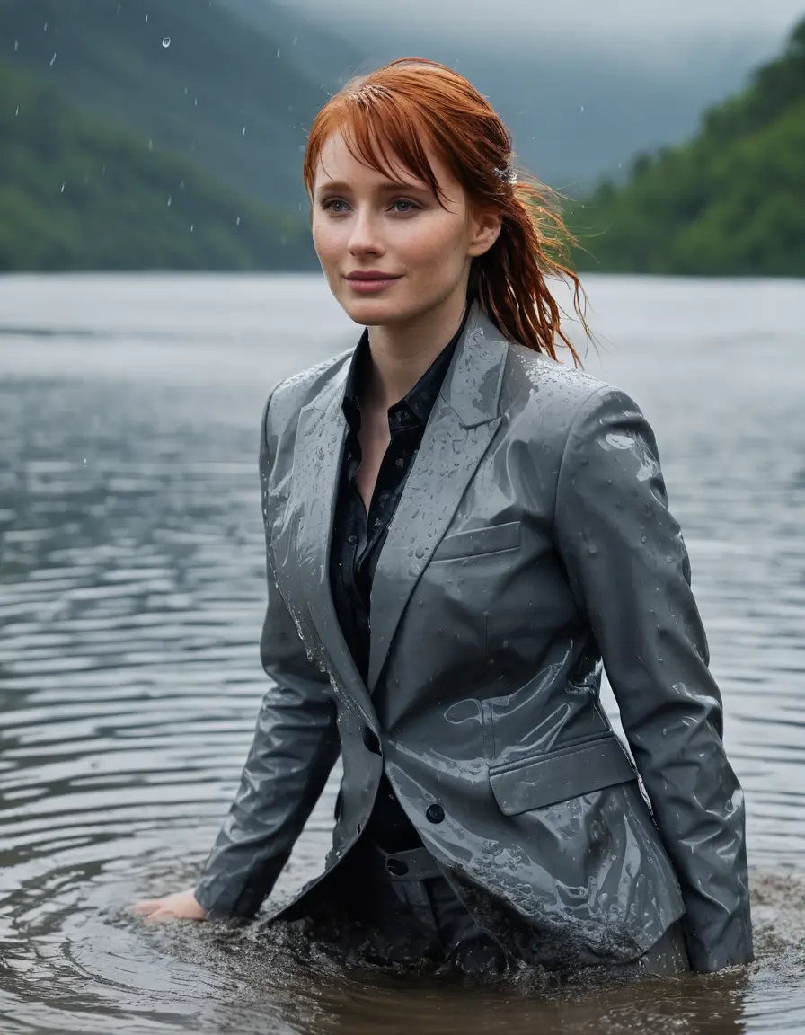 photo of young woman, in soaking wet, drenched clothes,
Light Gray Business Trouser, Light Gray Business Suit Jacket with Black button down long sleeve business Shirt, Clear deep Mountain Lake, heavy rain, 
enjoying, wet clothes stuck to body,
detailed textures of the wet clothes, wet face, wet plastered hair,
wet, drenched, professional, high-quality details, full body view.
sharp focus, ultra-high pixel detail, realistic, high-quality, full colors, incredibly detailed, 4k, 8k, 16k, hyper-realistic, RAW photo, masterpiece, ultra-detailed, professionally color graded, professional photograph, bryce dallas howard, completely soaked, fully drenched, completely wet, wetlook, heavy rain, emerging,  she smiles, side parting, open hair, rain storm, heavy rain