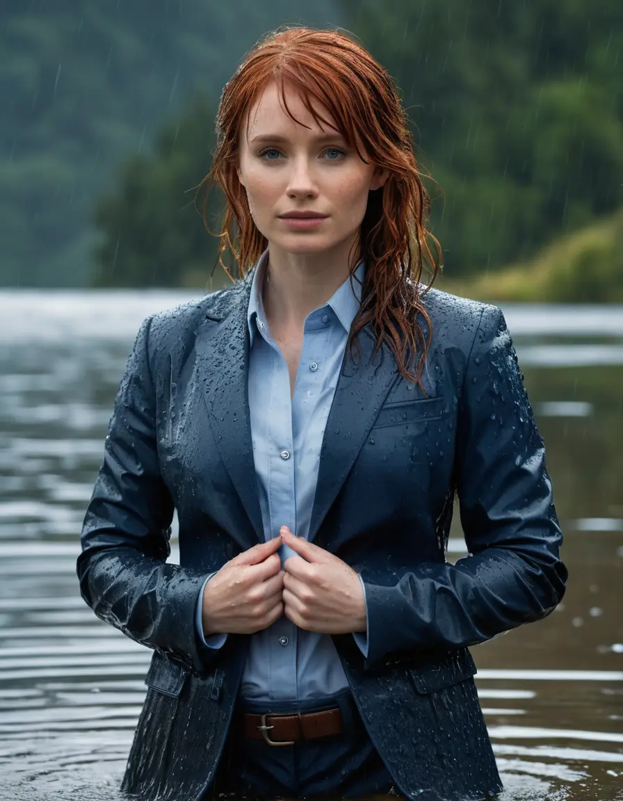 photo of young woman, in soaking wet, drenched clothes,
Dark Blue Business Trouser, Dark Blue Business Suit Jacket with Light Blue button down long sleeve business Shirt, Clear deep Mountain Lake, heavy rain, 
enjoying, wet clothes stuck to body,
detailed textures of the wet clothes, wet face, wet plastered hair,
wet, drenched, professional, high-quality details, full body view.
sharp focus, ultra-high pixel detail, realistic, high-quality, full colors, incredibly detailed, 4k, 8k, 16k, hyper-realistic, RAW photo, masterpiece, ultra-detailed, professionally color graded, professional photograph, bryce dallas howard, completely soaked, fully drenched, completely wet, wetlook, heavy rain, she smiles, side parting, open hair, rain storm, heavy rain