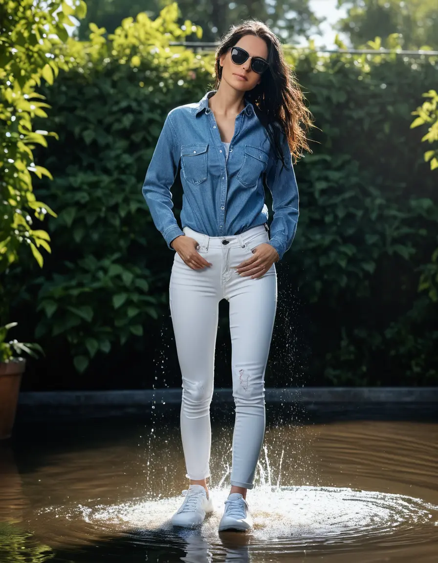 photo of young woman, in soaking wet, drenched clothes,
sneaker, white tight wet glistening high-waisted jeans, blue jeans shirt with long sleeves, under shower in the flooded garden, sunny day, 
enjoying, wet clothes stuck to body,
detailed textures of the wet clothes, wet face, wet plastered hair,
wet, drenched, professional, high-quality details, full body view.
sharp focus, ultra-high pixel detail, realistic, high-quality, full colors, incredibly detailed, 4k, 8k, 16k, hyper-realistic, RAW photo, masterpiece, ultra-detailed, professionally color graded, professional photograph, woman 51 years old, black long hair, complete body, office sun light glasses