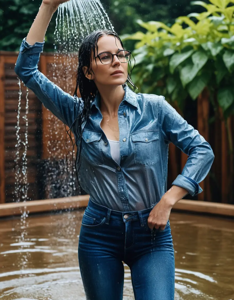 photo of young woman, in soaking wet, drenched clothes,
sneaker, long blue tight wet glistening high-waisted jeans, blue jeans shirt with long sleeves, under shower in the flooded garden, sunny day, 
enjoying, wet clothes stuck to body,
detailed textures of the wet clothes, wet face, wet plastered hair,
wet, drenched, professional, high-quality details, full body view.
sharp focus, ultra-high pixel detail, realistic, high-quality, full colors, incredibly detailed, 4k, 8k, 16k, hyper-realistic, RAW photo, masterpiece, ultra-detailed, professionally color graded, professional photograph, woman 51 years old, black long hair, complete body, open mouth, office glasses