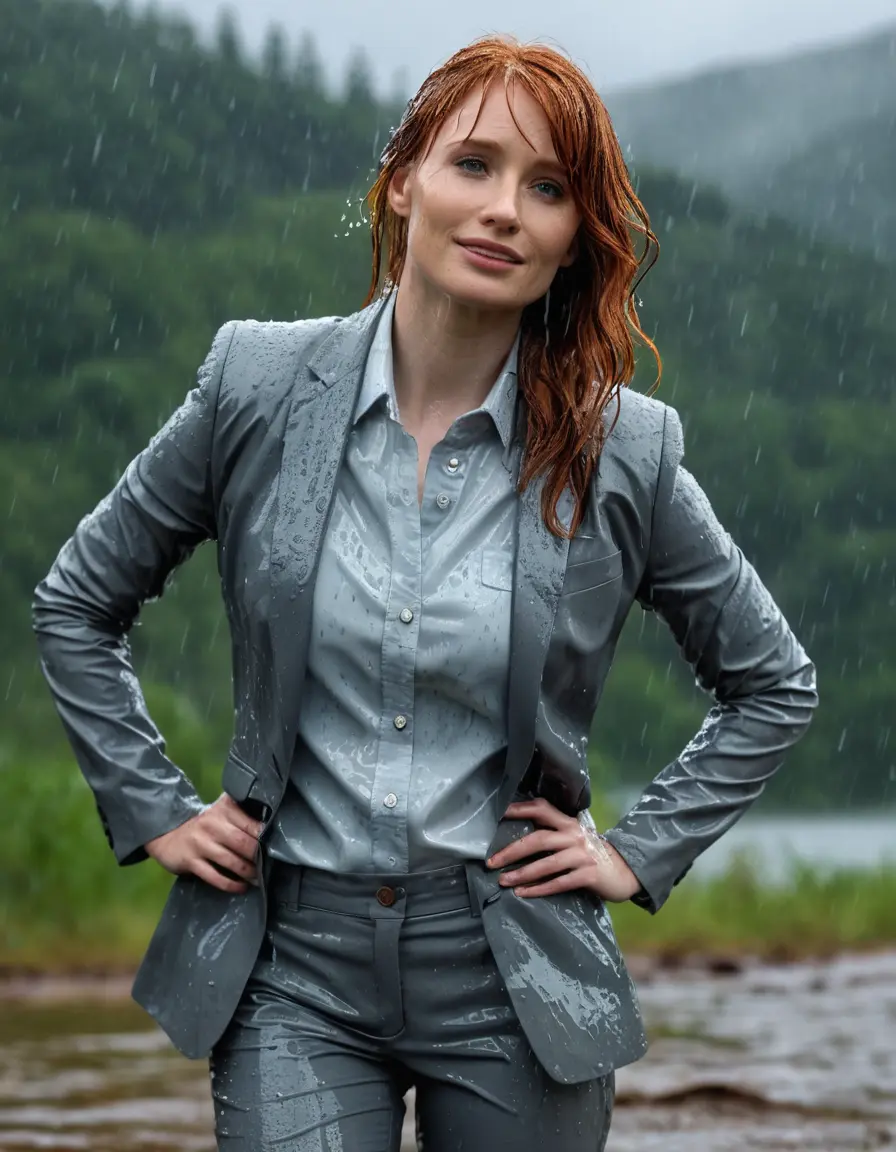 photo of young woman, in soaking wet, drenched clothes,
Light Gray Business Trouser, Light Gray Business Suit Jacket with Light Blue button down long sleeve business Shirt, Clear deep Mountain Lake, heavy rain, 
enjoying, wet clothes stuck to body,
detailed textures of the wet clothes, wet face, wet plastered hair,
wet, drenched, professional, high-quality details, full body view.
sharp focus, ultra-high pixel detail, realistic, high-quality, full colors, incredibly detailed, 4k, 8k, 16k, hyper-realistic, RAW photo, masterpiece, ultra-detailed, professionally color graded, professional photograph, bryce dallas howard, completely soaked, fully drenched, completely wet, wetlook, heavy rain, she smiles, side parting, open hair, rain storm, heavy rain