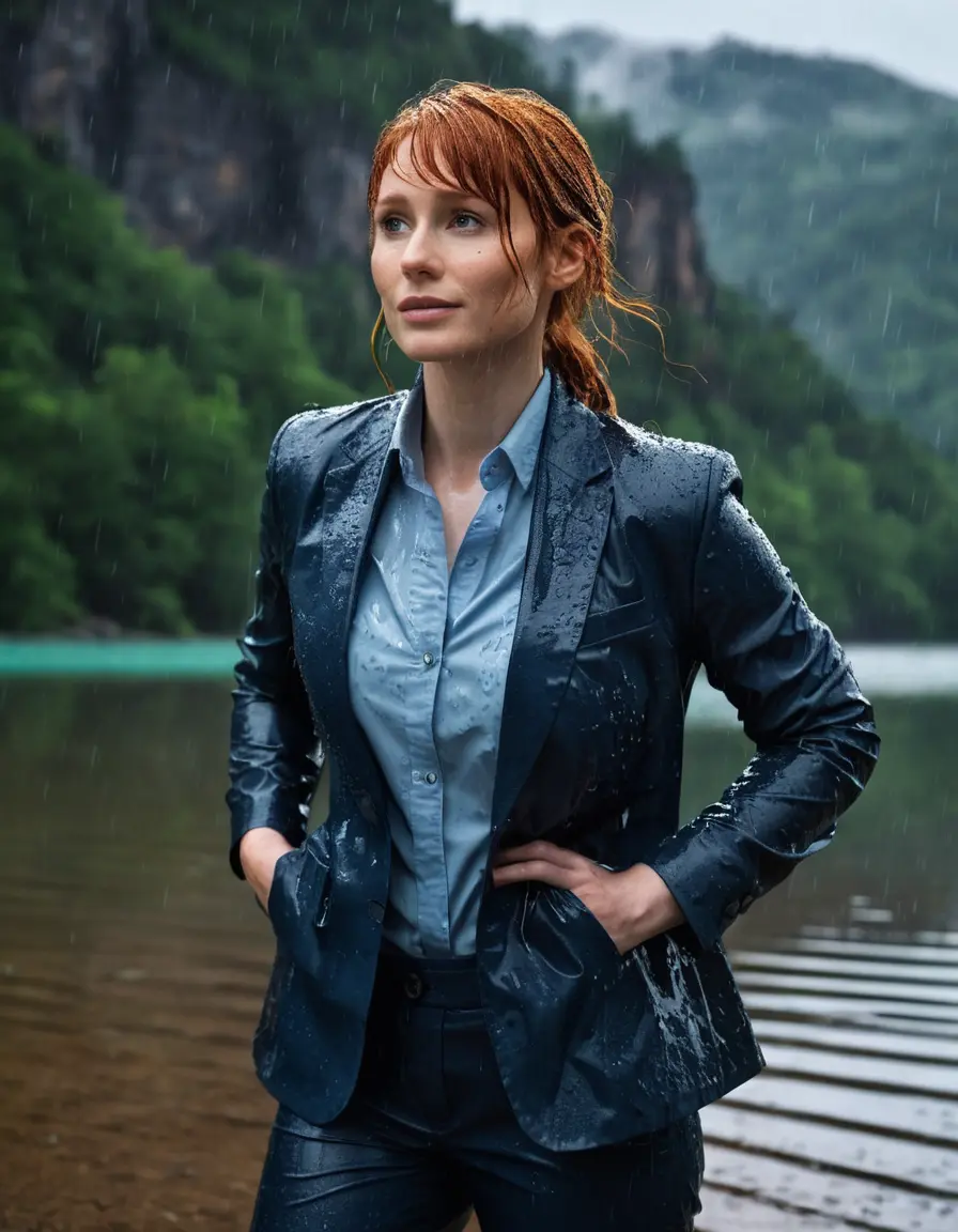 photo of young woman, in soaking wet, drenched clothes,
Dark Blue Business Trouser, Dark Blue Business Suit Jacket with Light Blue button down long sleeve business Shirt, Clear deep Mountain Lake, heavy rain, 
enjoying, wet clothes stuck to body,
detailed textures of the wet clothes, wet face, wet plastered hair,
wet, drenched, professional, high-quality details, full body view.
sharp focus, ultra-high pixel detail, realistic, high-quality, full colors, incredibly detailed, 4k, 8k, 16k, hyper-realistic, RAW photo, masterpiece, ultra-detailed, professionally color graded, professional photograph, bryce dallas howard, completely soaked, fully drenched, completely wet, wetlook, heavy rain, she smiles, side parting, open hair, rain storm, heavy rain