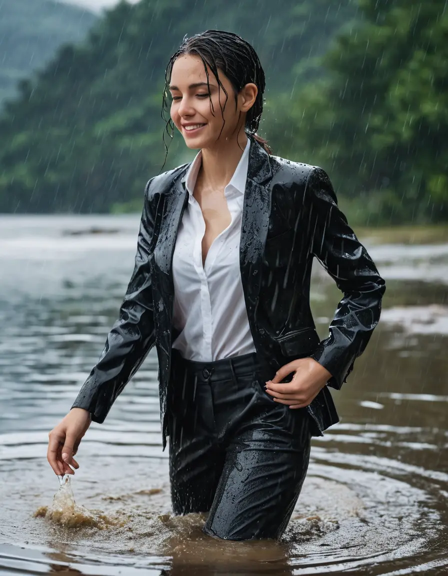 photo of young woman, in soaking wet, drenched clothes,
Black Business Trouser, Black Business Suit Jacket with white button down long sleeve business Shirt, Clear deep Mountain Lake, heavy rain, 
enjoying, wet clothes stuck to body,
detailed textures of the wet clothes, wet face, wet plastered hair,
wet, drenched, professional, high-quality details, full body view.
sharp focus, ultra-high pixel detail, realistic, high-quality, full colors, incredibly detailed, 4k, 8k, 16k, hyper-realistic, RAW photo, masterpiece, ultra-detailed, professionally color graded, professional photograph, Nazan Eckes, completely soaked, fully drenched, completely wet, wetlook, heavy rain, emerging,  she smiles, side parting, open hair, rain storm, heavy rain