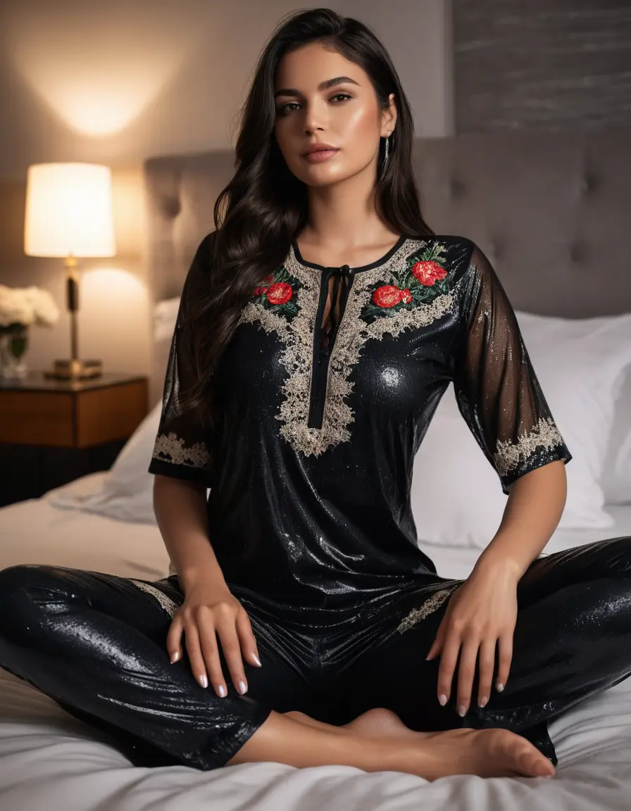 photo of young woman, in soaking wet, drenched clothes,
Very High heels, Legging , Skin tight Cotton round neck very long kurti with embroidery designs, half sleeve, transparent , ,Women in luxury bedroom with ambient and mood lights,super close up, 
enjoying, wet clothes stuck to body,
detailed textures of the wet clothes, wet face, wet plastered hair,
wet, drenched, professional, high-quality details, full body view.
sharp focus, ultra-high pixel detail, realistic, high-quality, full colors, incredibly detailed, 4k, 8k, 16k, hyper-realistic, RAW photo, masterpiece, ultra-detailed, professionally color graded, professional photograph,  Stylish Straight open hairstyle , fully dark  , black straight hair, campfire , huge thick ass, clevage , thin chain on neck, no hair part, wearing a luxury wrist watch 
