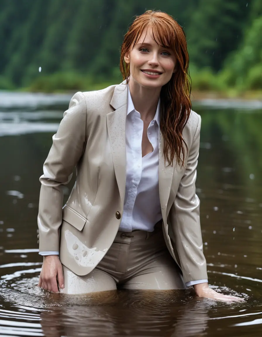 photo of young woman, in soaking wet, drenched clothes,
Beige Business Trouser, Beige Business Suit Jacket with white button down long sleeve business Shirt, Clear deep Mountain Lake, heavy rain, 
enjoying, wet clothes stuck to body,
detailed textures of the wet clothes, wet face, wet plastered hair,
wet, drenched, professional, high-quality details, full body view.
sharp focus, ultra-high pixel detail, realistic, high-quality, full colors, incredibly detailed, 4k, 8k, 16k, hyper-realistic, RAW photo, masterpiece, ultra-detailed, professionally color graded, professional photograph, bryce dallas howard, completely soaked, fully drenched, completely wet, wetlook, heavy rain, emerging,  she smiles, side parting, open hair, rain storm, heavy rain