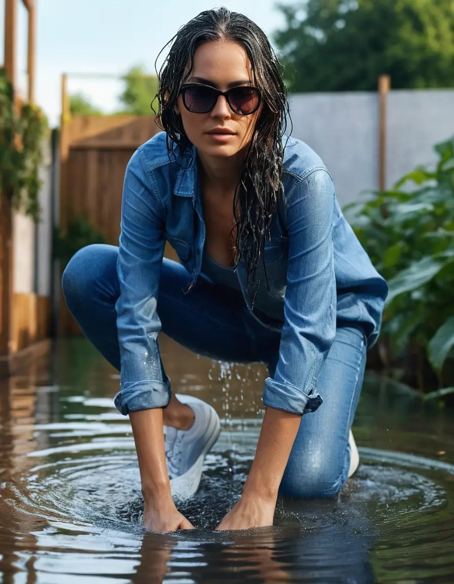 photo of young woman, in soaking wet, drenched clothes,
sneaker, long blue tight wet glistening high-waisted jeans, blue jeans shirt with long sleeves, under shower in the flooded garden, sunny day, 
enjoying, wet clothes stuck to body,
detailed textures of the wet clothes, wet face, wet plastered hair,
wet, drenched, professional, high-quality details, full body view.
sharp focus, ultra-high pixel detail, realistic, high-quality, full colors, incredibly detailed, 4k, 8k, 16k, hyper-realistic, RAW photo, masterpiece, ultra-detailed, professionally color graded, professional photograph, woman 51 years old, black long hair, complete body, office sun light glasses
