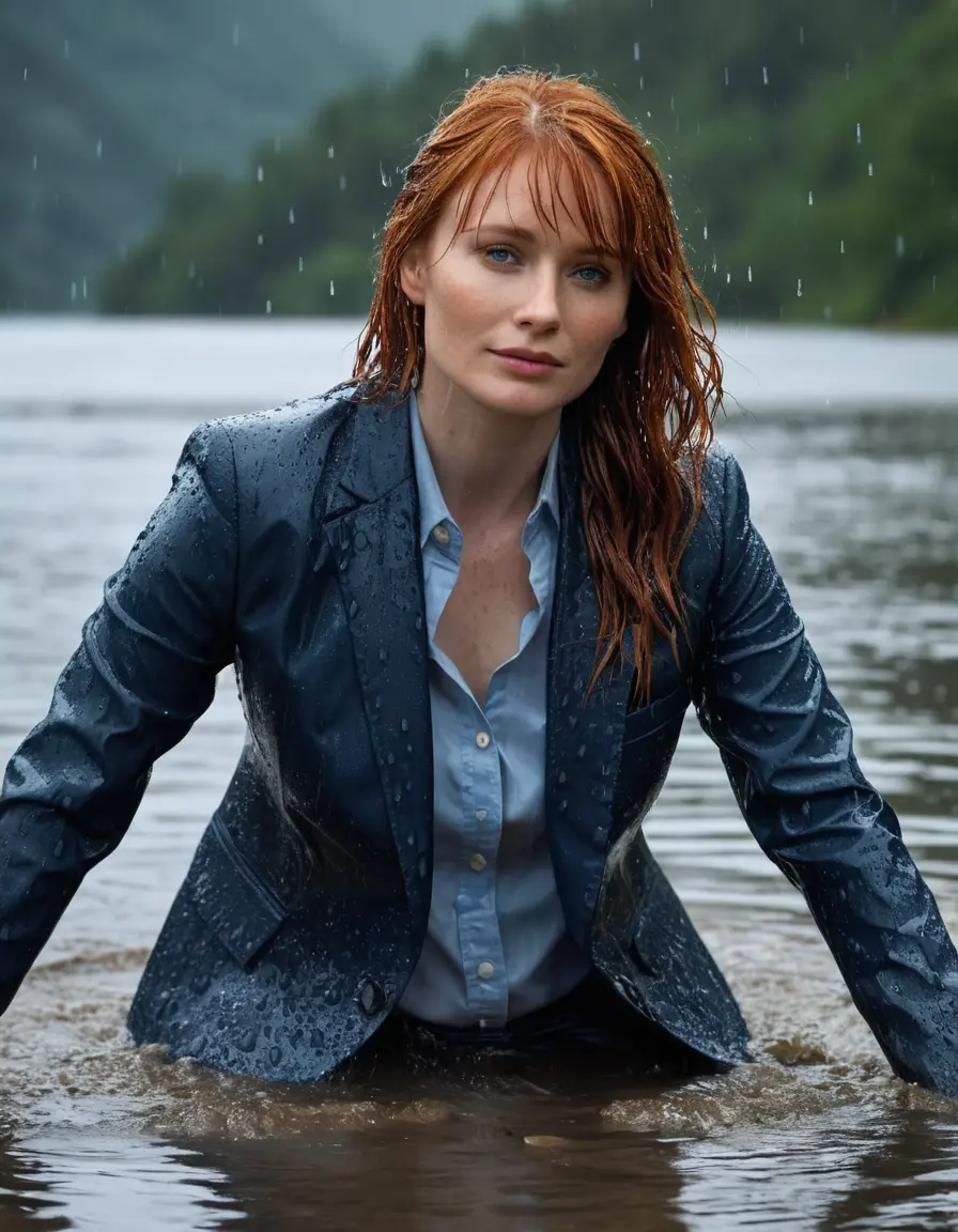photo of young woman, in soaking wet, drenched clothes,
Dark Blue Business Trouser, Dark Blue Business Suit Jacket with Light Blue button down long sleeve business Shirt, Clear deep Mountain Lake, heavy rain, 
enjoying, wet clothes stuck to body,
detailed textures of the wet clothes, wet face, wet plastered hair,
wet, drenched, professional, high-quality details, full body view.
sharp focus, ultra-high pixel detail, realistic, high-quality, full colors, incredibly detailed, 4k, 8k, 16k, hyper-realistic, RAW photo, masterpiece, ultra-detailed, professionally color graded, professional photograph, bryce dallas howard, completely soaked, fully drenched, completely wet, wetlook, heavy rain, she smiles, side parting, open hair, rain storm, heavy rain, she swimms in water