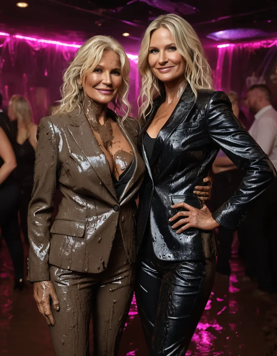 photo of young woman, in soaking wet, drenched clothes,
Black very high heels, Muddy long black suit trousers, Totally trashed and discoloured black muddy blazer like a fancy uniform over topless with huge muddy boobs, Muddy party in a dark muddy club. Mud splashed walls with mud-flooded floor. Dark mood lighting with pink and blue neon lights. Muddy furnitures and mud-covered sofas and chairs in the background., 
enjoying, wet clothes stuck to body,
detailed textures of the wet clothes, wet face, wet plastered hair,
wet, drenched, professional, high-quality details, full body view.
sharp focus, ultra-high pixel detail, realistic, high-quality, full colors, incredibly detailed, 4k, 8k, 16k, hyper-realistic, RAW photo, masterpiece, ultra-detailed, professionally color graded, professional photograph, Two elegant sixty years old skinny cute beautiful stunning blonde lesbian seductive tall business mature women are standing in knee-deep mud close to each other on the dance floor during the indoor muddy disco. Their expensive formal clothes are totally mud-covered. Total muddy appearance. The classy elegant club is totally destroyed by mud, deep liquid mud on the floor, mud spots everywhere, mud flows down on the walls and mud on the furnitures in the background. Long muddy sleek hair, smiling mudy faces, blue eyes. The women enjoying to be muddy, be dirty and be sexy while they are enjoying the muddy fetish party. Realistic boobs, realistic huge saggy boobs and nipples and photorealistic detailed happy and satisfied facial expressions. Intimate close-up picture about the old women. High heels of the women are visible on the photo. Close-up photo, highly realistic representation, ultra sharp focus, highly photorealistic detailed textures, highly photorealistic detailed facial features and expressions, highly photorealistic hands, highly emotional reactions, highly best quality, highly sharp photorealistic image, highly photorealistic details, full UHD resolution, 32 K, very high level of detail and image sharpness, zoomed in