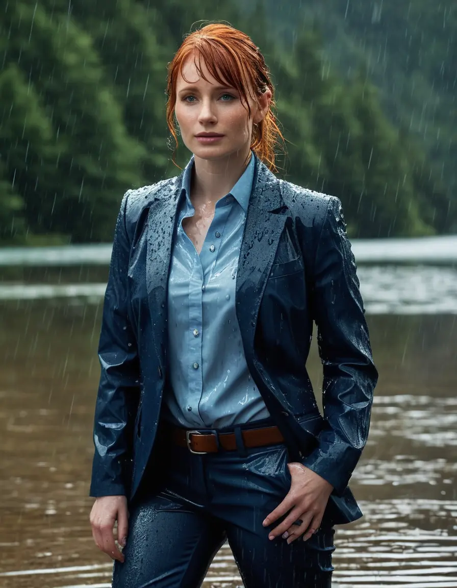 photo of young woman, in soaking wet, drenched clothes,
Dark Blue Business Trouser, Dark Blue Business Suit Jacket with Light Blue button down long sleeve business Shirt, Clear deep Mountain Lake, heavy rain, 
enjoying, wet clothes stuck to body,
detailed textures of the wet clothes, wet face, wet plastered hair,
wet, drenched, professional, high-quality details, full body view.
sharp focus, ultra-high pixel detail, realistic, high-quality, full colors, incredibly detailed, 4k, 8k, 16k, hyper-realistic, RAW photo, masterpiece, ultra-detailed, professionally color graded, professional photograph, bryce dallas howard, completely soaked, fully drenched, completely wet, wetlook, heavy rain, she smiles, side parting, open hair, rain storm, heavy rain