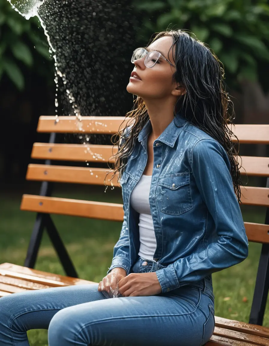 photo of young woman, in soaking wet, drenched clothes,
sneaker, long blue tight wet glistening high-waisted jeans, blue jeans shirt with long sleeves, siting on the bench under sprinklers, sunny day, 
enjoying, wet clothes stuck to body,
detailed textures of the wet clothes, wet face, wet plastered hair,
wet, drenched, professional, high-quality details, full body view.
sharp focus, ultra-high pixel detail, realistic, high-quality, full colors, incredibly detailed, 4k, 8k, 16k, hyper-realistic, RAW photo, masterpiece, ultra-detailed, professionally color graded, professional photograph, woman 51 years old, black long hair, complete body, open mouth, office glasses