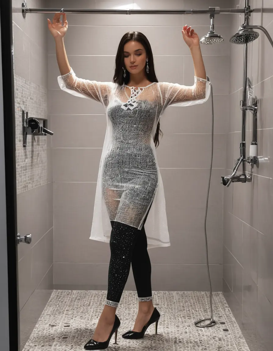 photo of young woman, in soaking wet, drenched clothes,
Very High heels, Legging , Skin tight Cotton round neck very long kurti with embroidery designs, half sleeve, transparent , ,Women carrying at shower in luxury bathroom with ambient and mood lights,super close up, 
enjoying, wet clothes stuck to body,
detailed textures of the wet clothes, wet face, wet plastered hair,
wet, drenched, professional, high-quality details, full body view.
sharp focus, ultra-high pixel detail, realistic, high-quality, full colors, incredibly detailed, 4k, 8k, 16k, hyper-realistic, RAW photo, masterpiece, ultra-detailed, professionally color graded, professional photograph,  Stylish Straight open hairstyle , fully dark  , black straight hair, campfire , huge thick ass, clevage , thin chain on neck, no hair part, wearing a luxury wrist watch 
