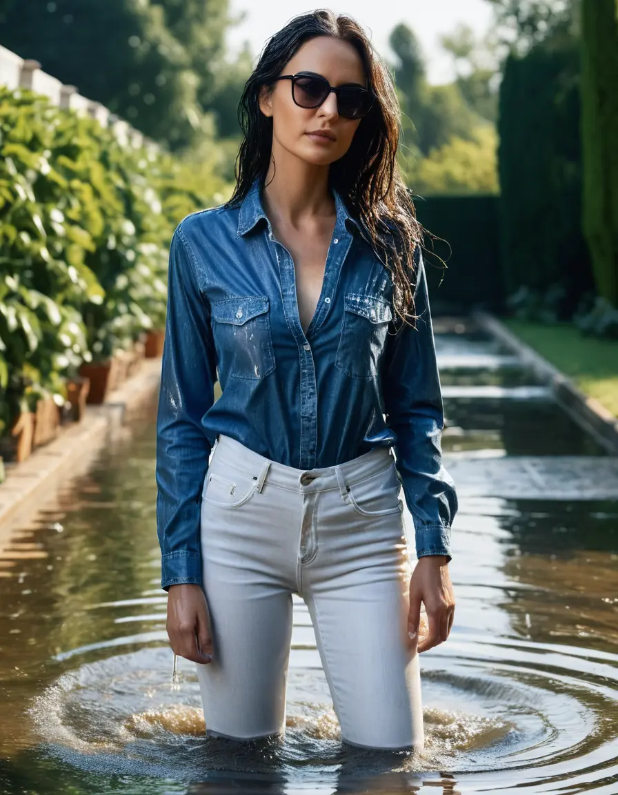 photo of young woman, in soaking wet, drenched clothes,
sneaker, white tight wet glistening high-waisted jeans, blue jeans shirt with long sleeves, under shower in the flooded garden, sunny day, 
enjoying, wet clothes stuck to body,
detailed textures of the wet clothes, wet face, wet plastered hair,
wet, drenched, professional, high-quality details, full body view.
sharp focus, ultra-high pixel detail, realistic, high-quality, full colors, incredibly detailed, 4k, 8k, 16k, hyper-realistic, RAW photo, masterpiece, ultra-detailed, professionally color graded, professional photograph, woman 51 years old, black long hair, complete body, office sun light glasses