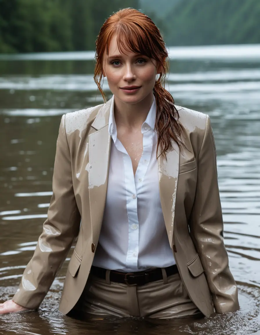 photo of young woman, in soaking wet, drenched clothes,
Beige Business Trouser, Beige Business Suit Jacket with white button down long sleeve business Shirt, Clear deep Mountain Lake, heavy rain, 
enjoying, wet clothes stuck to body,
detailed textures of the wet clothes, wet face, wet plastered hair,
wet, drenched, professional, high-quality details, full body view.
sharp focus, ultra-high pixel detail, realistic, high-quality, full colors, incredibly detailed, 4k, 8k, 16k, hyper-realistic, RAW photo, masterpiece, ultra-detailed, professionally color graded, professional photograph, bryce dallas howard, completely soaked, fully drenched, completely wet, wetlook, heavy rain, emerging,  she smiles, side parting, open hair, rain storm, heavy rain