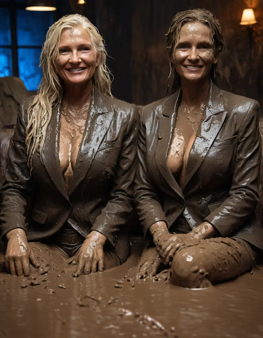 photo of young woman, in soaking wet, drenched clothes,
Black very high heels, Muddy long black suit trousers, Totally trashed and discoloured black muddy blazer like a fancy uniform over topless with huge muddy boobs, Muddy party in a dark muddy club. Mud splashed walls with mud-flooded floor. Dark mood lighting with pink and blue neon lights. Muddy furnitures and mud-covered sofas and chairs in the background., 
enjoying, wet clothes stuck to body,
detailed textures of the wet clothes, wet face, wet plastered hair,
wet, drenched, professional, high-quality details, full body view.
sharp focus, ultra-high pixel detail, realistic, high-quality, full colors, incredibly detailed, 4k, 8k, 16k, hyper-realistic, RAW photo, masterpiece, ultra-detailed, professionally color graded, professional photograph, Two elegant sixty years old skinny cute beautiful stunning blonde lesbian seductive tall business mature women are sitting in a mud-filled jacuzzi close to each other during the indoor muddy disco. Their expensive formal clothes are filled with mud and totally mud-covered. Total muddy appearance. The classy elegant club is totally destroyed by mud, deep liquid mud on the floor and on the couch, mud spots everywhere, mud flows down on the walls and mud on the furnitures in the background. Long muddy sleek hair, smiling mudy faces, blue eyes. The women enjoying to be muddy, be dirty and be sexy while they are enjoying the muddy fetish party. Realistic boobs, realistic huge saggy boobs and nipples and photorealistic detailed happy and satisfied facial expressions. Intimate close-up picture about the old women from above. High heels and trousers are visible on the photo. Close-up photo, highly realistic representation, ultra sharp focus, highly photorealistic detailed textures, highly photorealistic detailed facial features and expressions, highly photorealistic hands, highly emotional reactions, highly best quality, highly sharp photorealistic image, highly photorealistic details, full UHD resolution, 32 K, very high level of detail and image sharpness, zoomed in