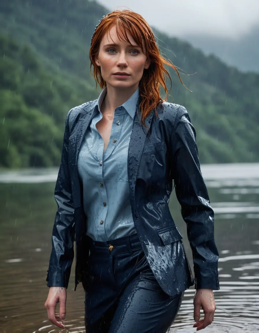 photo of young woman, in soaking wet, drenched clothes,
Dark Blue Business Trouser, Dark Blue Business Suit Jacket with Light Blue button down long sleeve business Shirt, Clear deep Mountain Lake, heavy rain, 
enjoying, wet clothes stuck to body,
detailed textures of the wet clothes, wet face, wet plastered hair,
wet, drenched, professional, high-quality details, full body view.
sharp focus, ultra-high pixel detail, realistic, high-quality, full colors, incredibly detailed, 4k, 8k, 16k, hyper-realistic, RAW photo, masterpiece, ultra-detailed, professionally color graded, professional photograph, bryce dallas howard, completely soaked, fully drenched, completely wet, wetlook, heavy rain, she smiles, side parting, open hair, rain storm, heavy rain