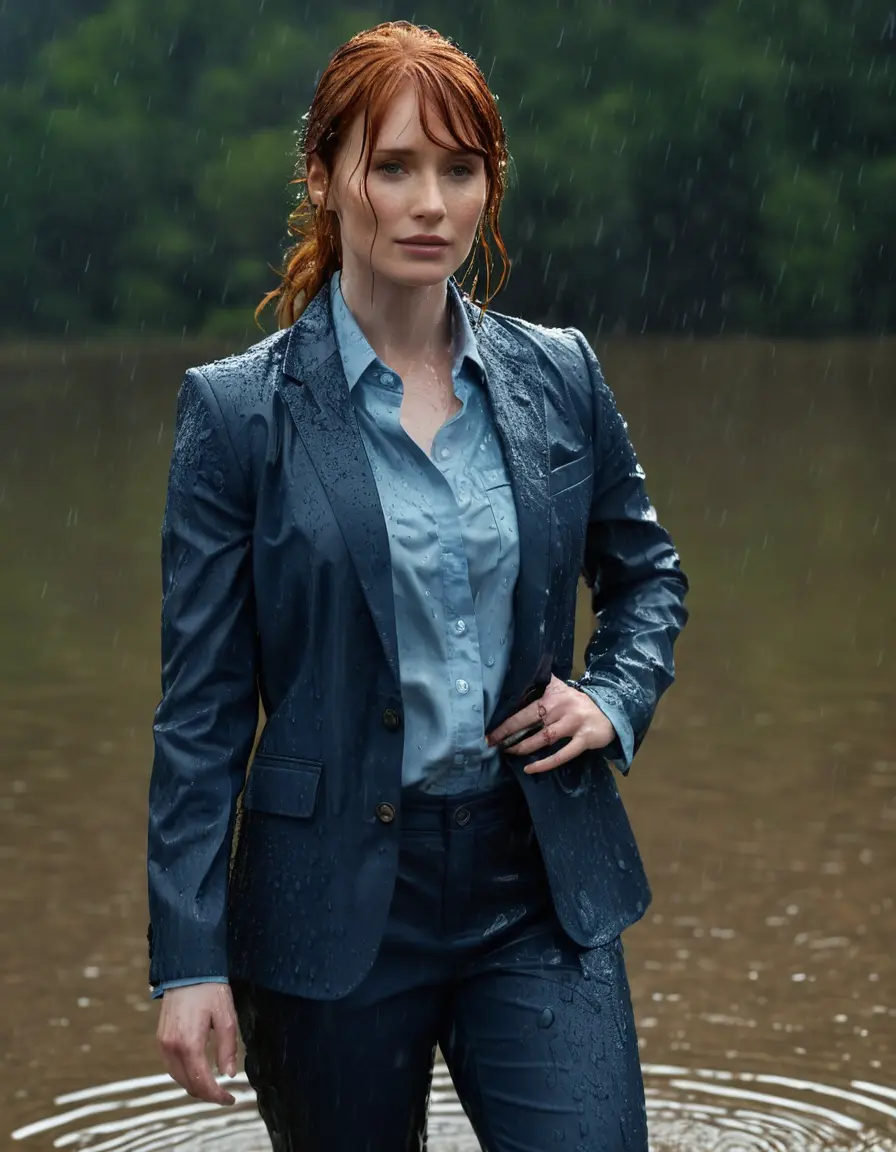 photo of young woman, in soaking wet, drenched clothes,
Dark Blue Business Trouser, Dark Blue Business Suit Jacket with Light Blue button down long sleeve business Shirt, Clear deep Mountain Lake, heavy rain, 
enjoying, wet clothes stuck to body,
detailed textures of the wet clothes, wet face, wet plastered hair,
wet, drenched, professional, high-quality details, full body view.
sharp focus, ultra-high pixel detail, realistic, high-quality, full colors, incredibly detailed, 4k, 8k, 16k, hyper-realistic, RAW photo, masterpiece, ultra-detailed, professionally color graded, professional photograph, bryce dallas howard, completely soaked, fully drenched, completely wet, wetlook, heavy rain, she smiles, side parting, open hair, rain storm, heavy rain, she swimms in water