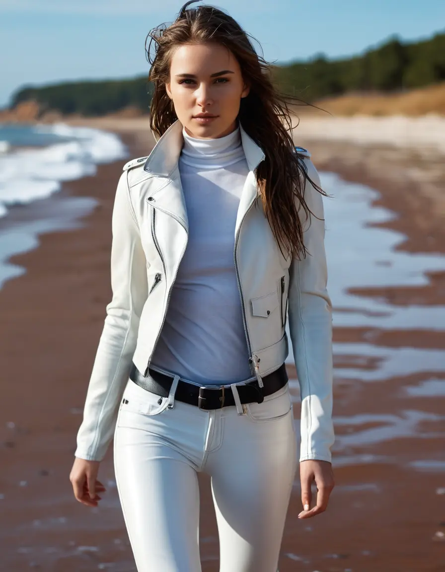 photo of young woman, in soaking wet, drenched clothes,
skin tight leather boots, white leather jeans, black latex polar neck tank top and a white leather jacket, walking on a beach, sunny, 
enjoying, wet clothes stuck to body,
detailed textures of the wet clothes, wet face, wet plastered hair,
wet, drenched, professional, high-quality details, full body view.
sharp focus, ultra-high pixel detail, realistic, high-quality, full colors, incredibly detailed, 4k, 8k, 16k, hyper-realistic, RAW photo, masterpiece, ultra-detailed, professionally color graded, professional photograph, white woman with long brown loose hair