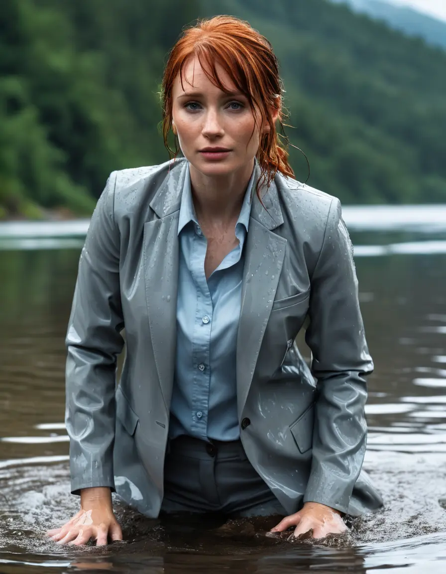 photo of young woman, in soaking wet, drenched clothes,
Light Gray Business Trouser, Light Gray Business Suit Jacket with Light Blue button down long sleeve business Shirt, Clear deep Mountain Lake, heavy rain, 
enjoying, wet clothes stuck to body,
detailed textures of the wet clothes, wet face, wet plastered hair,
wet, drenched, professional, high-quality details, full body view.
sharp focus, ultra-high pixel detail, realistic, high-quality, full colors, incredibly detailed, 4k, 8k, 16k, hyper-realistic, RAW photo, masterpiece, ultra-detailed, professionally color graded, professional photograph, bryce dallas howard, completely soaked, fully drenched, completely wet, wetlook, heavy rain, emerging,  she smiles, side parting, open hair, rain storm, heavy rain