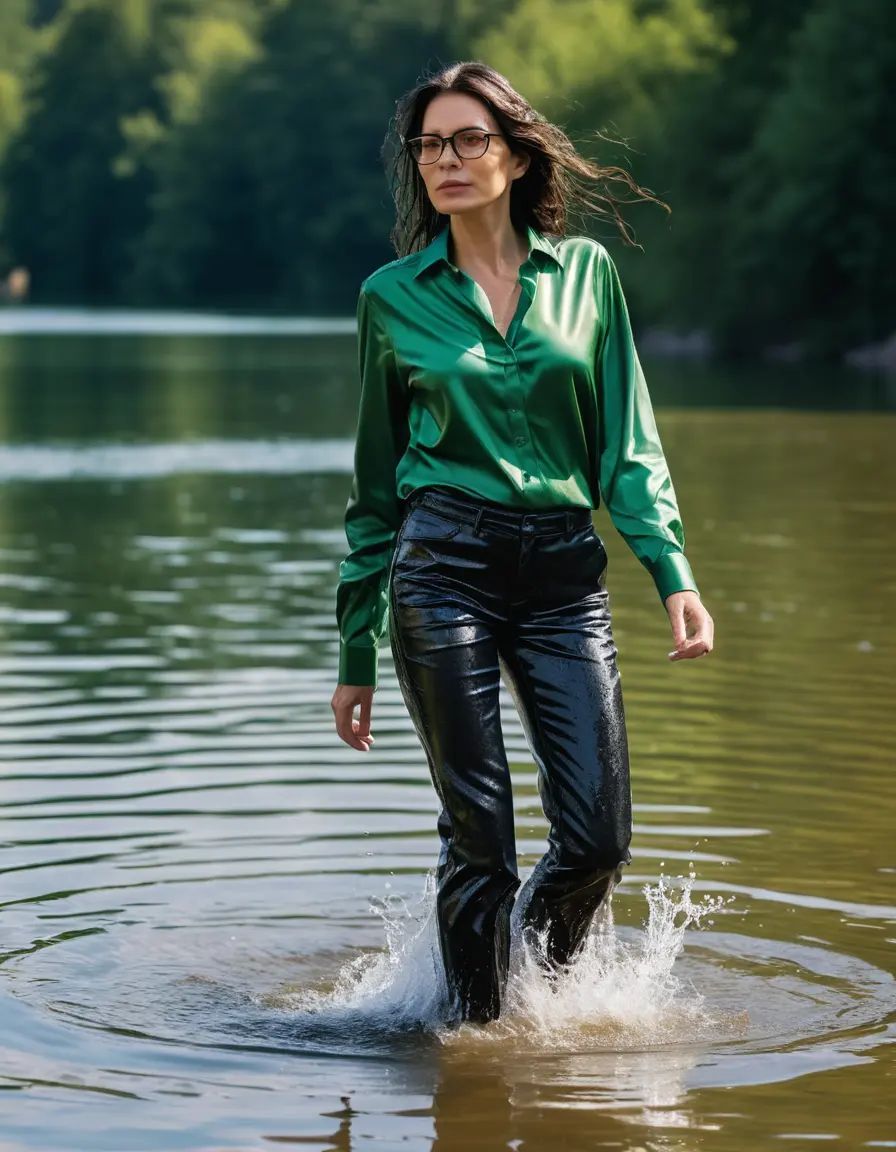 photo of young woman, in soaking wet, drenched clothes,
sneaker, black wet glistening office jeans trousers, green silk satin shirt, mature woman walking in sunny lake, sunny day, 
enjoying, wet clothes stuck to body,
detailed textures of the wet clothes, wet face, wet plastered hair,
wet, drenched, professional, high-quality details, full body view.
sharp focus, ultra-high pixel detail, realistic, high-quality, full colors, incredibly detailed, 4k, 8k, 16k, hyper-realistic, RAW photo, masterpiece, ultra-detailed, professionally color graded, professional photograph, woman 51 years old, black long hair, complete body, very big lips, office glasses, open mouth