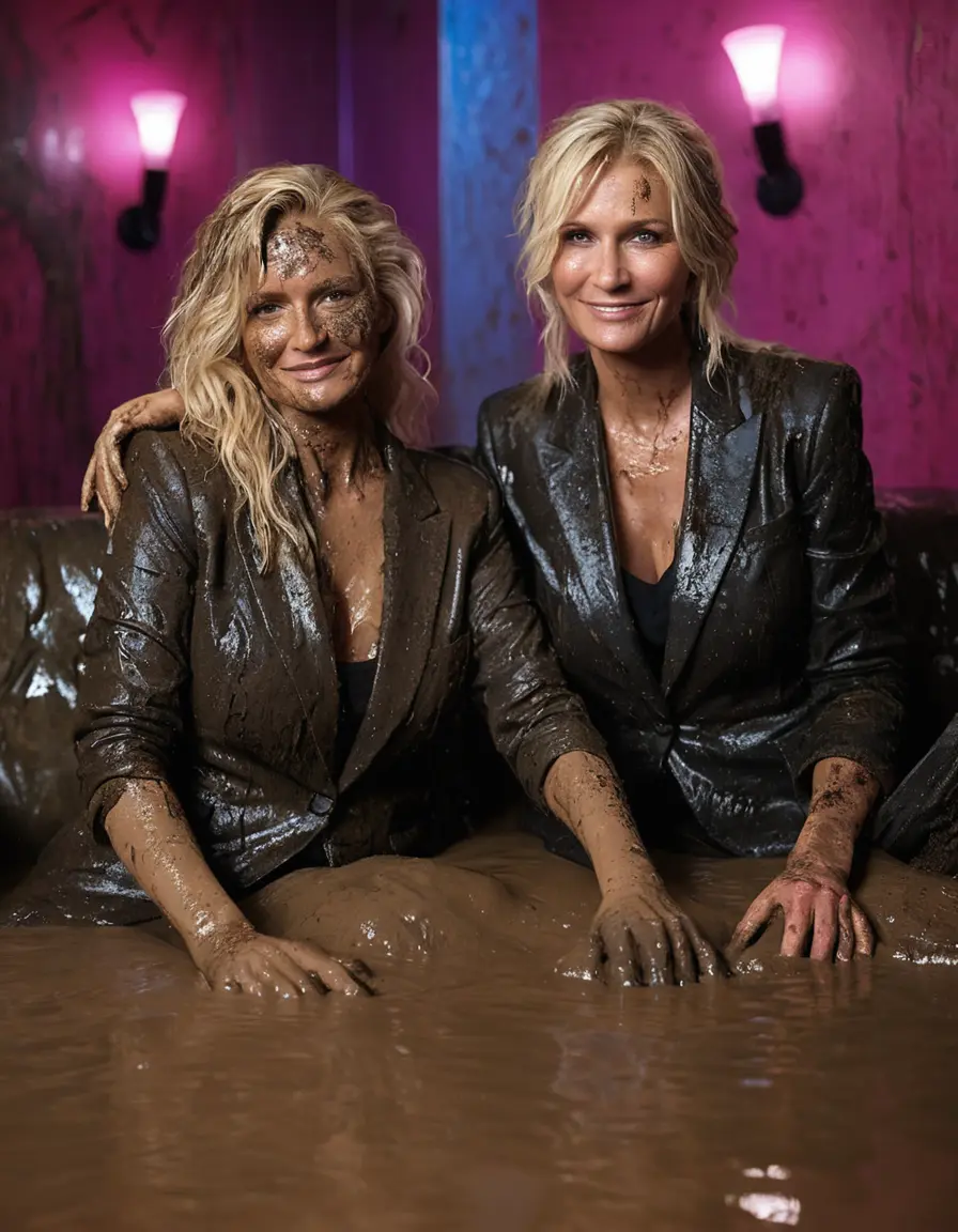 photo of young woman, in soaking wet, drenched clothes,
Black very high heels, Muddy long black suit trousers, Totally trashed and discoloured black muddy blazer like a fancy uniform over topless with huge muddy boobs, Muddy party in a dark muddy club. Mud splashed walls with mud-flooded floor. Dark mood lighting with pink and blue neon lights. Muddy furnitures and mud-covered sofas and chairs in the background., 
enjoying, wet clothes stuck to body,
detailed textures of the wet clothes, wet face, wet plastered hair,
wet, drenched, professional, high-quality details, full body view.
sharp focus, ultra-high pixel detail, realistic, high-quality, full colors, incredibly detailed, 4k, 8k, 16k, hyper-realistic, RAW photo, masterpiece, ultra-detailed, professionally color graded, professional photograph, Three elegant sixty years old skinny cute beautiful stunning blonde lesbian seductive tall business mature women are relaxing in a mud-filled jacuzzi close to each other and drinking champagne during the indoor muddy disco. Their expensive formal clothes are filled with mud and totally mud-covered. Total muddy appearance. The classy elegant club is totally destroyed by mud, deep liquid mud on the floor and on the couch, mud spots everywhere, mud flows down on the walls and mud on the furnitures in the background. Stylish straight long hairstyle, muddy hair, smiling mudy faces, blue eyes. The women enjoying to be muddy, be dirty and be sexy while they are enjoying the muddy fetish party. Realistic boobs, realistic huge saggy boobs and nipples and photorealistic detailed happy and satisfied facial expressions. Intimate close-up picture about the old women from above. High heels and trousers are visible on the photo. Close-up photo, highly realistic representation, ultra sharp focus, highly photorealistic detailed textures, highly photorealistic detailed facial features and expressions, highly photorealistic hands, highly emotional reactions, highly best quality, highly sharp photorealistic image, highly photorealistic details, full UHD resolution, 32 K, very high level of detail and image sharpness, zoomed in