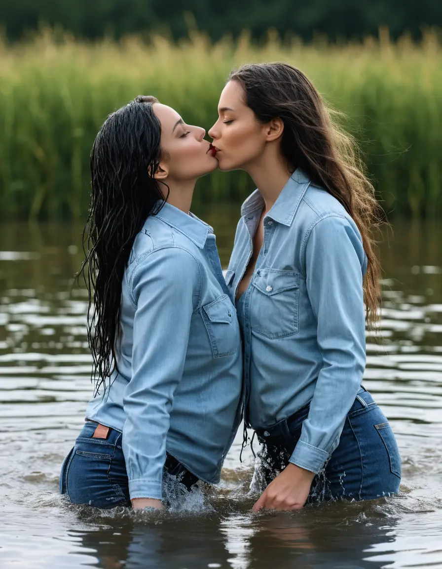 photo of young woman, in soaking wet, drenched clothes,
sneaker, light blue wet office jeans trousers, light blue jeans shirt with long sleeves, two women kissing in sunny lake, sunny day, 
enjoying, wet clothes stuck to body,
detailed textures of the wet clothes, wet face, wet plastered hair,
wet, drenched, professional, high-quality details, full body view.
sharp focus, ultra-high pixel detail, realistic, high-quality, full colors, incredibly detailed, 4k, 8k, 16k, hyper-realistic, RAW photo, masterpiece, ultra-detailed, professionally color graded, professional photograph, woman 51 years old, black long hair, complete body, very big lips, , open mouth
