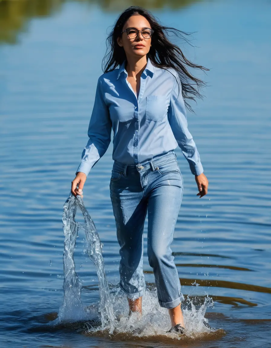 photo of young woman, in soaking wet, drenched clothes,
sneaker, light blue wet office jeans trousers, light blue jeans shirt with long sleeves, woman walking in sunny lake, sunny day, 
enjoying, wet clothes stuck to body,
detailed textures of the wet clothes, wet face, wet plastered hair,
wet, drenched, professional, high-quality details, full body view.
sharp focus, ultra-high pixel detail, realistic, high-quality, full colors, incredibly detailed, 4k, 8k, 16k, hyper-realistic, RAW photo, masterpiece, ultra-detailed, professionally color graded, professional photograph, woman 51 years old, black long hair, complete body, very big lips, office glasses, open mouth