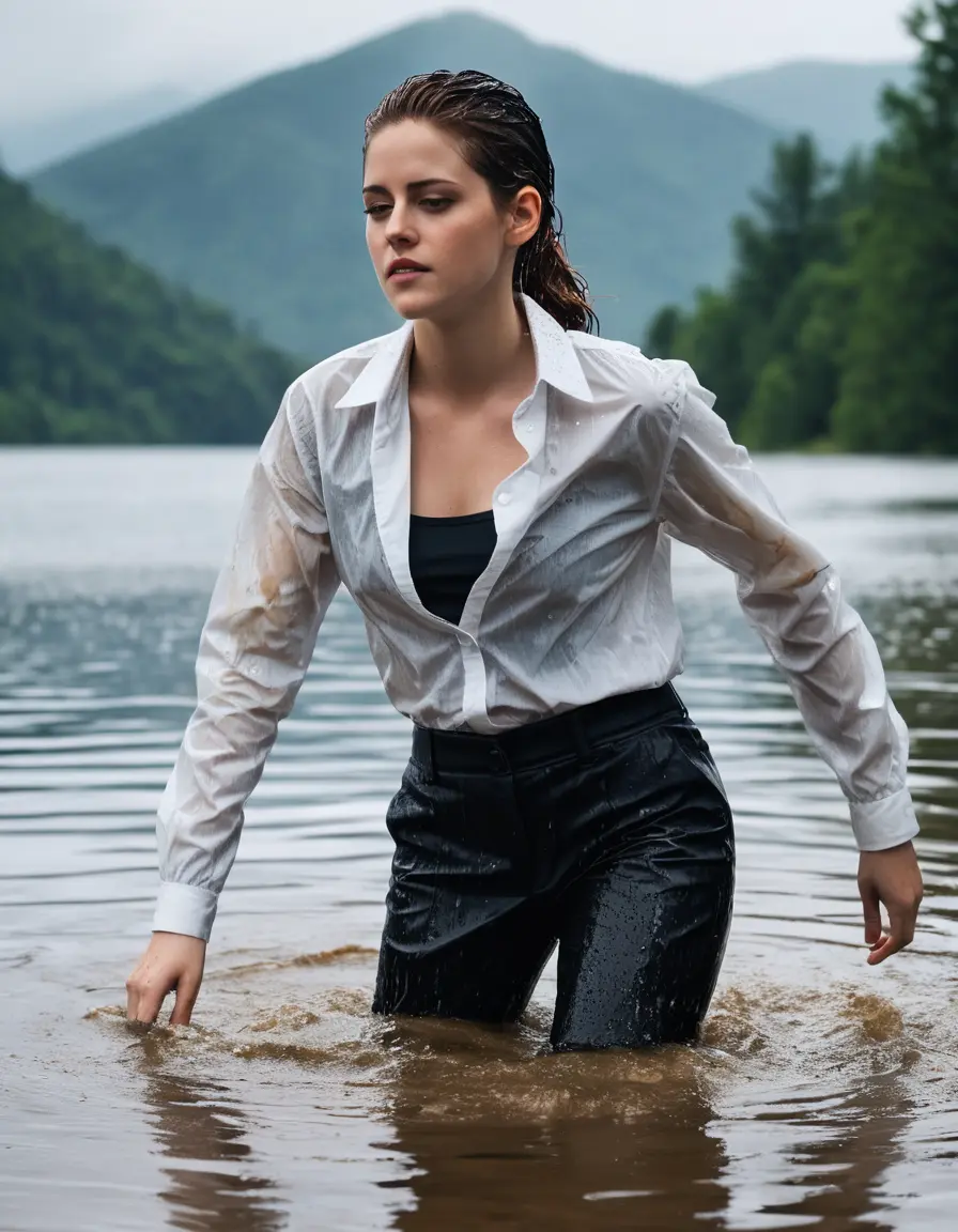 photo of young woman, in soaking wet, drenched clothes,
Black Business Trouser, Black Business Suit Jacket with white button down long sleeve business Shirt, Clear deep Mountain Lake, heavy rain, 
enjoying, wet clothes stuck to body,
detailed textures of the wet clothes, wet face, wet plastered hair,
wet, drenched, professional, high-quality details, full body view.
sharp focus, ultra-high pixel detail, realistic, high-quality, full colors, incredibly detailed, 4k, 8k, 16k, hyper-realistic, RAW photo, masterpiece, ultra-detailed, professionally color graded, professional photograph, Kristen Stewart, completely soaked, fully drenched, completely wet, wetlook, heavy rain, she smiles, side parting, open hair, rain storm, heavy rain, she swimms in water