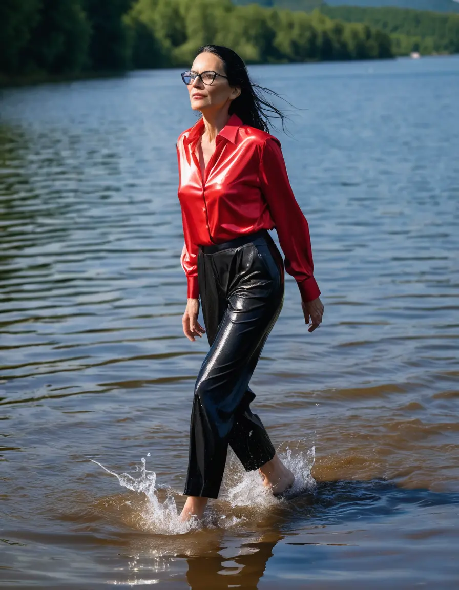 photo of young woman, in soaking wet, drenched clothes,
sneaker, black wet glistening office trousers, red silk satin shirt, mature woman walking in sunny lake, sunny day, 
enjoying, wet clothes stuck to body,
detailed textures of the wet clothes, wet face, wet plastered hair,
wet, drenched, professional, high-quality details, full body view.
sharp focus, ultra-high pixel detail, realistic, high-quality, full colors, incredibly detailed, 4k, 8k, 16k, hyper-realistic, RAW photo, masterpiece, ultra-detailed, professionally color graded, professional photograph, woman 51 years old, black long hair, complete body, very big thin lips, office glasses, open mouth