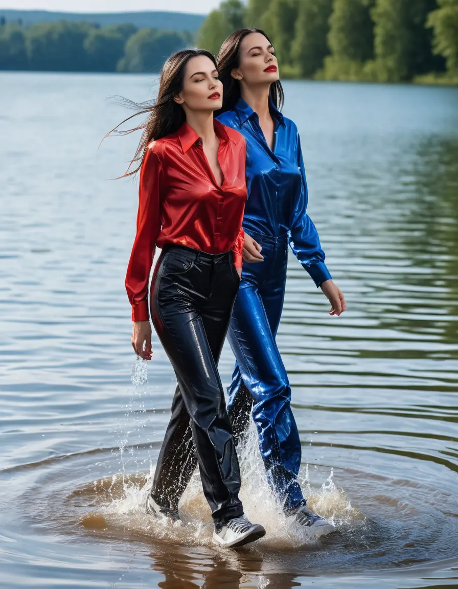 photo of young woman, in soaking wet, drenched clothes,
sneaker, blue  wet glistening office jeans trousers, red silk satin shirt, two women walking in sunny lake, sunny day, 
enjoying, wet clothes stuck to body,
detailed textures of the wet clothes, wet face, wet plastered hair,
wet, drenched, professional, high-quality details, full body view.
sharp focus, ultra-high pixel detail, realistic, high-quality, full colors, incredibly detailed, 4k, 8k, 16k, hyper-realistic, RAW photo, masterpiece, ultra-detailed, professionally color graded, professional photograph, woman 51 years old, black long hair, complete body, very big lips,, open mouth