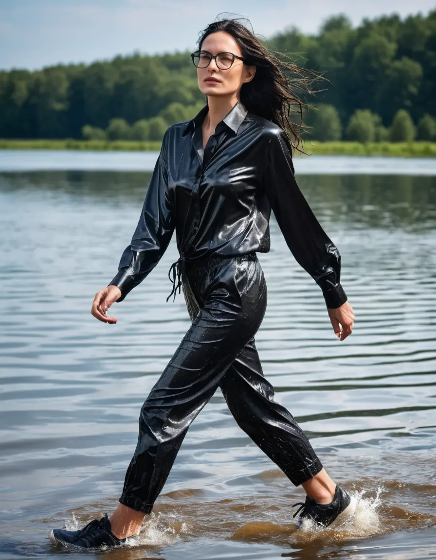 photo of young woman, in soaking wet, drenched clothes,
sneaker, black wet glistening office trousers, black silk satin shirt, woman walking in sunny lake, sunny day, 
enjoying, wet clothes stuck to body,
detailed textures of the wet clothes, wet face, wet plastered hair,
wet, drenched, professional, high-quality details, full body view.
sharp focus, ultra-high pixel detail, realistic, high-quality, full colors, incredibly detailed, 4k, 8k, 16k, hyper-realistic, RAW photo, masterpiece, ultra-detailed, professionally color graded, professional photograph, woman 51 years old, black long hair, complete body, very big thin lips, office glasses, open mouth