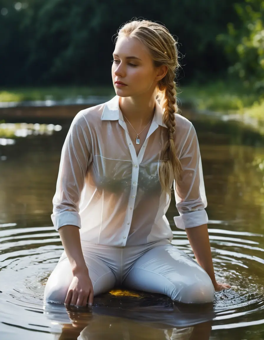 photo of young woman, in soaking wet, drenched clothes,
White socks, White Tight soaked transparency Jodhpurs, Tight soaked transparency top, necklace, Woman in a pond, sunny day, 
enjoying, wet clothes stuck to body,
detailed textures of the wet clothes, wet face, wet plastered hair,
wet, drenched, professional, high-quality details, full body view.
sharp focus, ultra-high pixel detail, realistic, high-quality, full colors, incredibly detailed, 4k, 8k, 16k, hyper-realistic, RAW photo, masterpiece, ultra-detailed, professionally color graded, professional photograph, long blond open hair